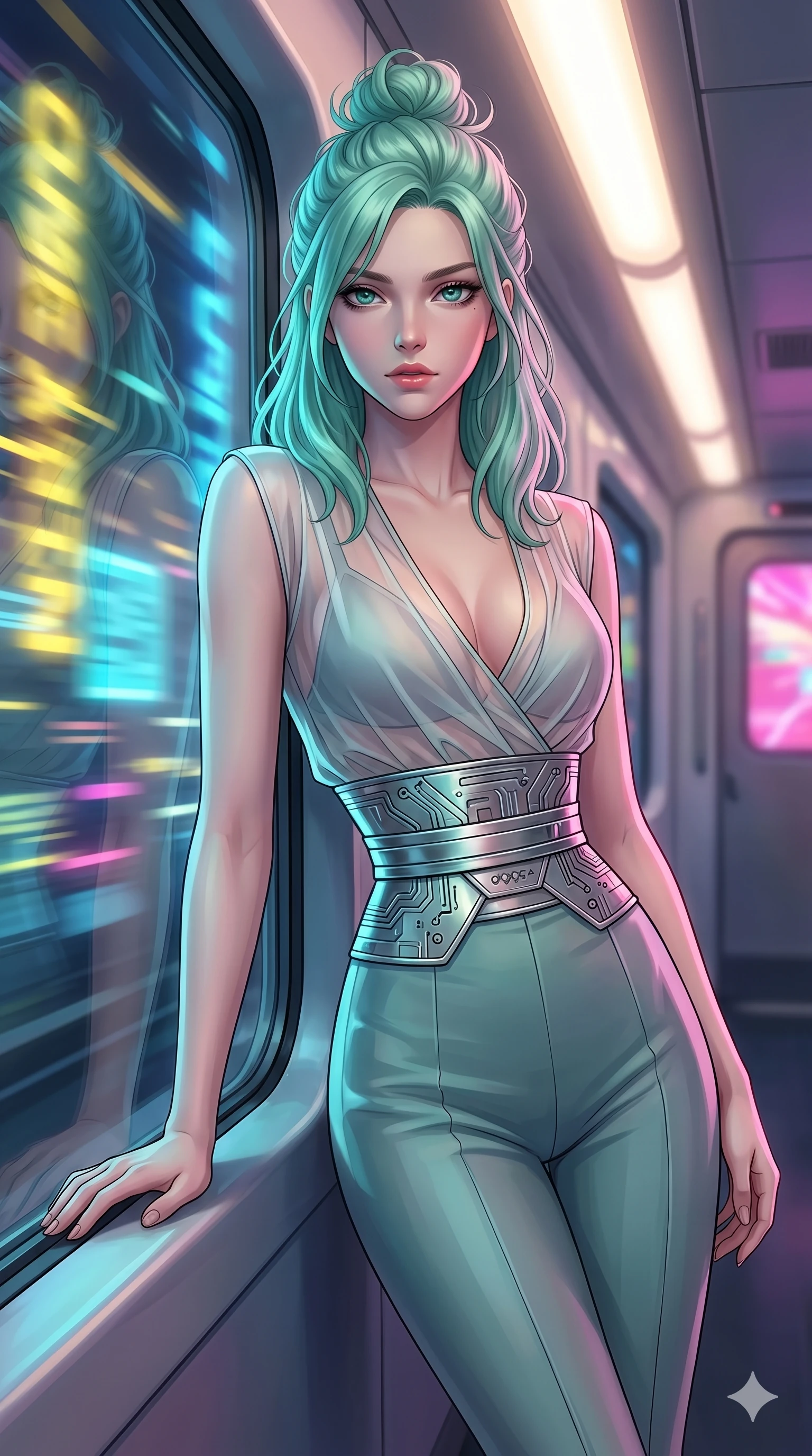 score_9, masterpiece, best quality, ultra-detailed, high-budget anime keyframe, editorial fashion photography, tasteful artistic composition, Japanese woman. Upper body close-up from the thighs up, character filling the screen for maximum presence. She is leaning against a train window in a speeding magnetic train, with city neon lights blurring outside. She turns her face to the camera with a sultry, contemplative expression. She has an absolutely perfect 8-heads proportion, an exceptionally tall and slender female figure with impossibly long slender legs and an ultra-slim waist. V-shaped jawline, high-bridge nose, intricate jewel-like eyes with depth, thick eyelashes, glossy lips with a natural sheen. She is wearing a shortened cyber-fusion wrap top with transparent chiffon panels, a deep crossover neckline, and a high-waisted metallic sash that accentuates her ultra-slim waist. The scene is bathed in passing yellow and blue city lights and a soft glowing interior ceiling light. 2k, ultra detail, master piece, 9:16 ratio