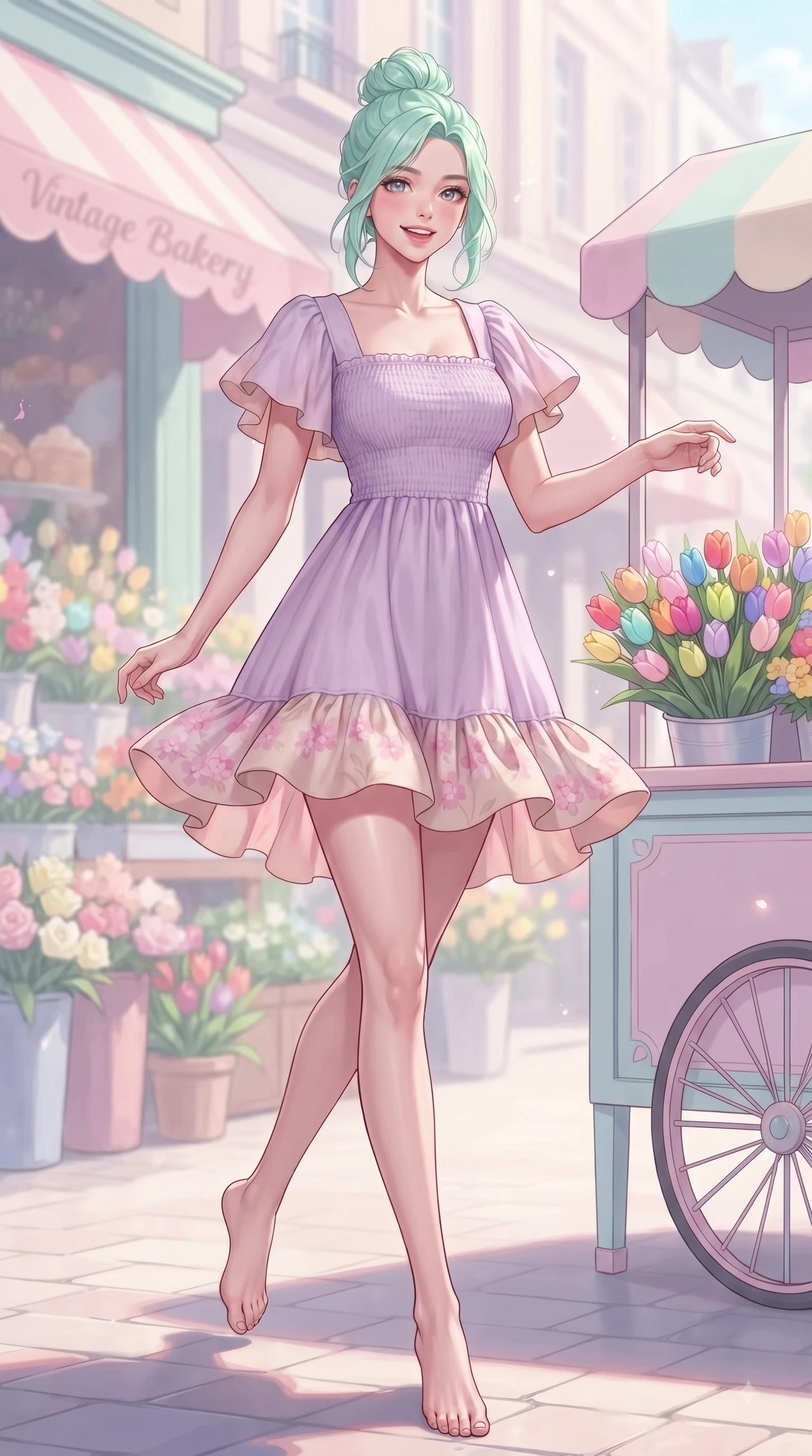 score_9, masterpiece, best quality, ultra-detailed, high-budget anime keyframe, editorial fashion photography, tasteful artistic composition, Japanese woman. low angle full-body shot from head to toe showing her feet, filling the entire 9:16 vertical frame with her statuesque presence, stretching her vertical silhouette. stepping forward gracefully in mid-motion with a delighted cute expression, displaying her statuesque model proportions while pivoting playfully near a pastel flower cart holding a bouquet of colorful tulips with a beaming smile. The composition keeps background elements in soft focus with dreamy bokeh. pastel flower displays and vintage bakery awnings shimmering softly in creamy background bokeh. She has an absolutely perfect, statuesque 8.5-heads proportion, an exceptionally tall and slender model-like female figure with impossibly long slender legs and an ultra-slim waist. sharp v-shaped jawline, high-bridge nose, intricate jewel-like eyes with depth, thick eyelashes, glossy lips with a natural sheen, flawlessly proportioned anatomical accuracy, natural body alignment, perfectly sculpted elegant limbs, clean dynamic posture without body distortion. wearing a romantic lilac square-neck sundress with soft smocked bodice and fluttery hem in cherry blossom pink and soft beige, tailored from crisp cotton poplin, featuring elegant flutter sleeves and a graceful square neckline, the tailored casual silhouette highlighting her fresh and youthful presence. surrounded by a fresh, uplifting, and romantic spring street ambiance. ultra-reflective glossy finish, specular highlights, metallic sheen, high-contrast stereoscopic depth, volumetric dynamic lighting, 2k, ultra detail, master piece, 9:16 ratio