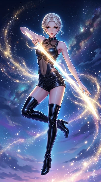 score_9, masterpiece, best quality, ultra-detailed, high-budget anime movie keyframe, cinematic anime lighting, intricate line art, Japanese woman. Mid-air action shot capturing a graceful twist and vertical silhouette. drawing stardust from the sky 