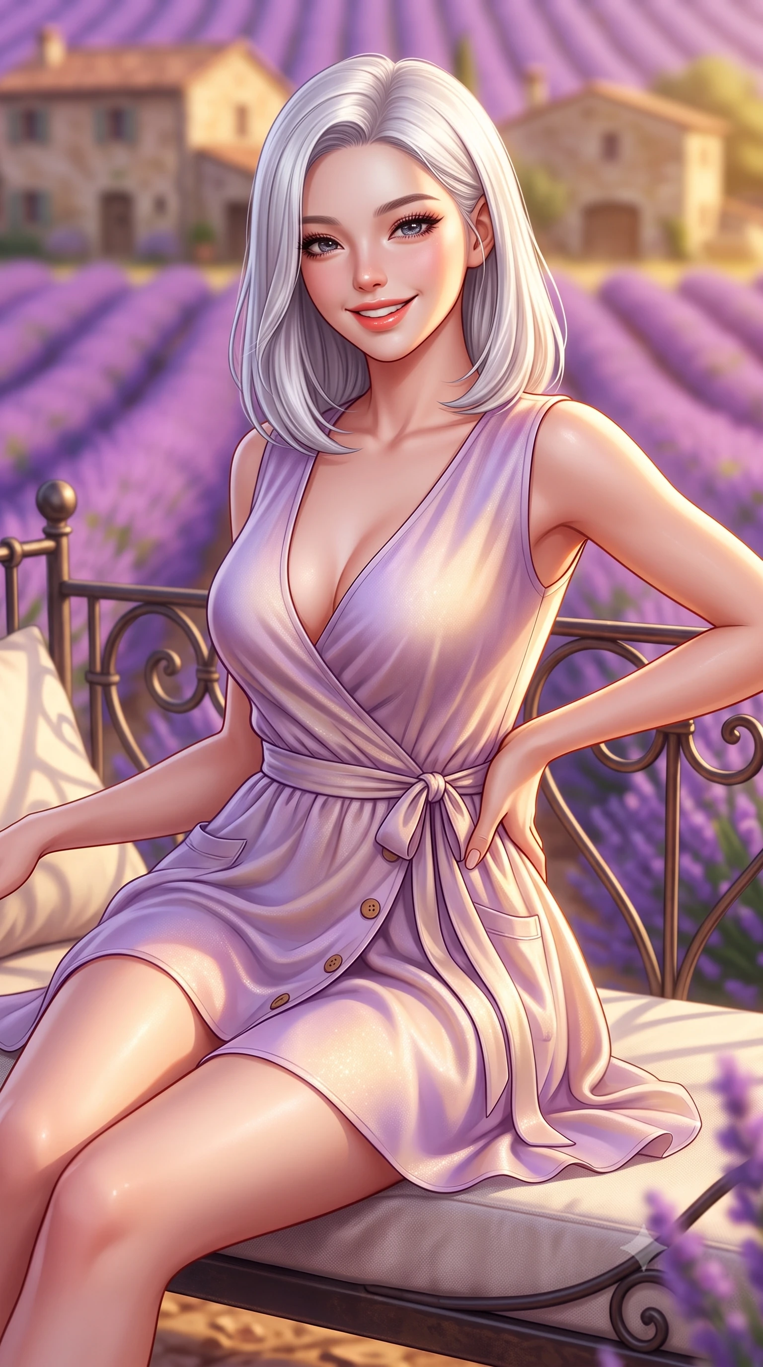 score_9, masterpiece, best quality, ultra-detailed, high-budget anime keyframe, semi-realistic 3D game render, editorial fashion photography, tasteful artistic composition, Korean woman. close-up cowboy shot from the waist and thighs up, the character dominates the composition, filling the frame with her large presence. twisting her slender torso in an alluring contrapposto stance, one hand resting on her sculpted hip while flashing a radiant, playful smile with parted glossy lips while reclining on a vintage iron daybed propped on one elbow, her flat midriff and willowy curves bathed in golden French countryside light. The composition keeps background elements in soft focus with dreamy creamy bokeh. undulating purple lavender rows and ancient stone farmhouses blurred into radiant violet, lilac, and golden honey bokeh. She has an exceptionally elegant, slender, and willowy female figure with an ultra-slim waist, flat toned midriff, narrow ribcage, and sculpted feminine hips creating an alluring, slim hourglass silhouette without bulk. sharp v-shaped jawline, high-bridge nose, intricate jewel-like sparkling eyes with depth, thick eyelashes, glossy parted lips with a natural peach sheen, bright cheerful beaming smile with an enchanting and coquettish sensual glint, exuding both youthful cute charm and seductive allure, flawlessly proportioned anatomical accuracy, strict slender model proportions, natural body alignment, perfectly sculpted long slender limbs, ultra-slim waistline, clean dynamic posture without body distortion. wearing a breezy wrap mini dress with a deep V-neckline and tie-waist accentuating her sculpted flat midriff and hips in soft lilac and champagne shimmer, tailored from fine lightweight chiffon that flutters gently in the breeze, finished with neat front wooden buttons and delicate pocket details, the form-contouring cut accentuating her sculpted flat midriff, narrow delicate ribcage, and gracefully curvy hips with supermodel precision. illuminated by warm terracotta terrace bounce fill sharply sculpting her sculpted collarbones, ultra-slim waist, and curvy hips. highly saturated vibrant anime colors, detailed shading with soft gradients, rich glossy textures, high-contrast stereoscopic depth, volumetric dynamic lighting, master piece, 9:16 ratio