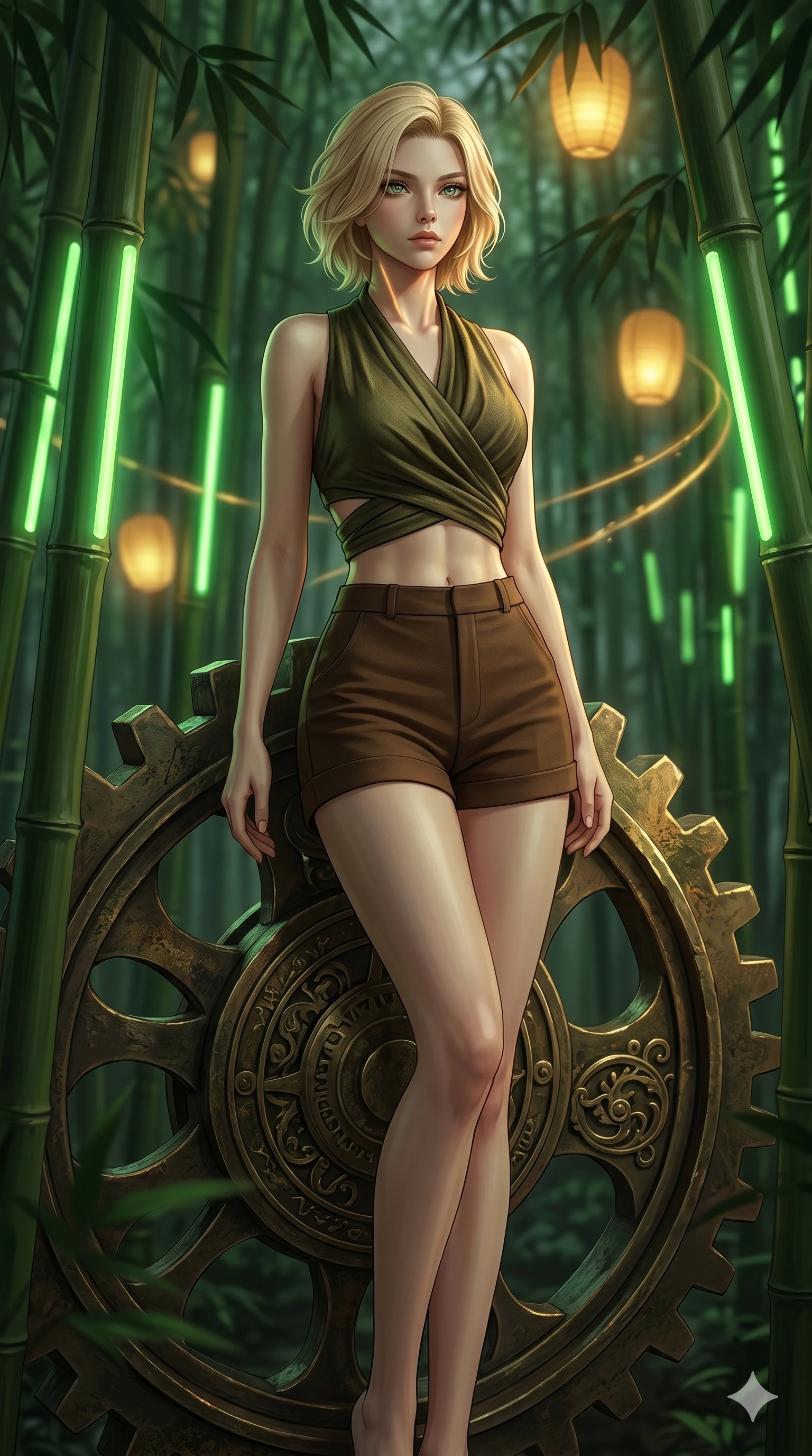 score_9, masterpiece, best quality, ultra-detailed, high-budget anime keyframe, editorial fashion photography, tasteful artistic composition, Caucasian woman, strictly human ears. cowboy shot from the thighs up, character and outfit filling the frame for maximum editorial presence. leaning against a giant gear wheel, looking past the camera with quiet intensity inside a bamboo forest with green light rods (Code-P17-131). She has an absolutely perfect 8-heads proportion, an exceptionally tall and slender female figure with impossibly long slender legs and an ultra-slim waist. V-shaped jawline, high-bridge nose, intricate jewel-like eyes with depth, thick eyelashes, glossy lips with a natural sheen. wearing a wrap top exposing her sculpted midriff and tailored shorts. warm golden light from the floating lanterns, tracing the elegant curves of her neck. 2k, ultra detail, master piece, 9:16 ratio