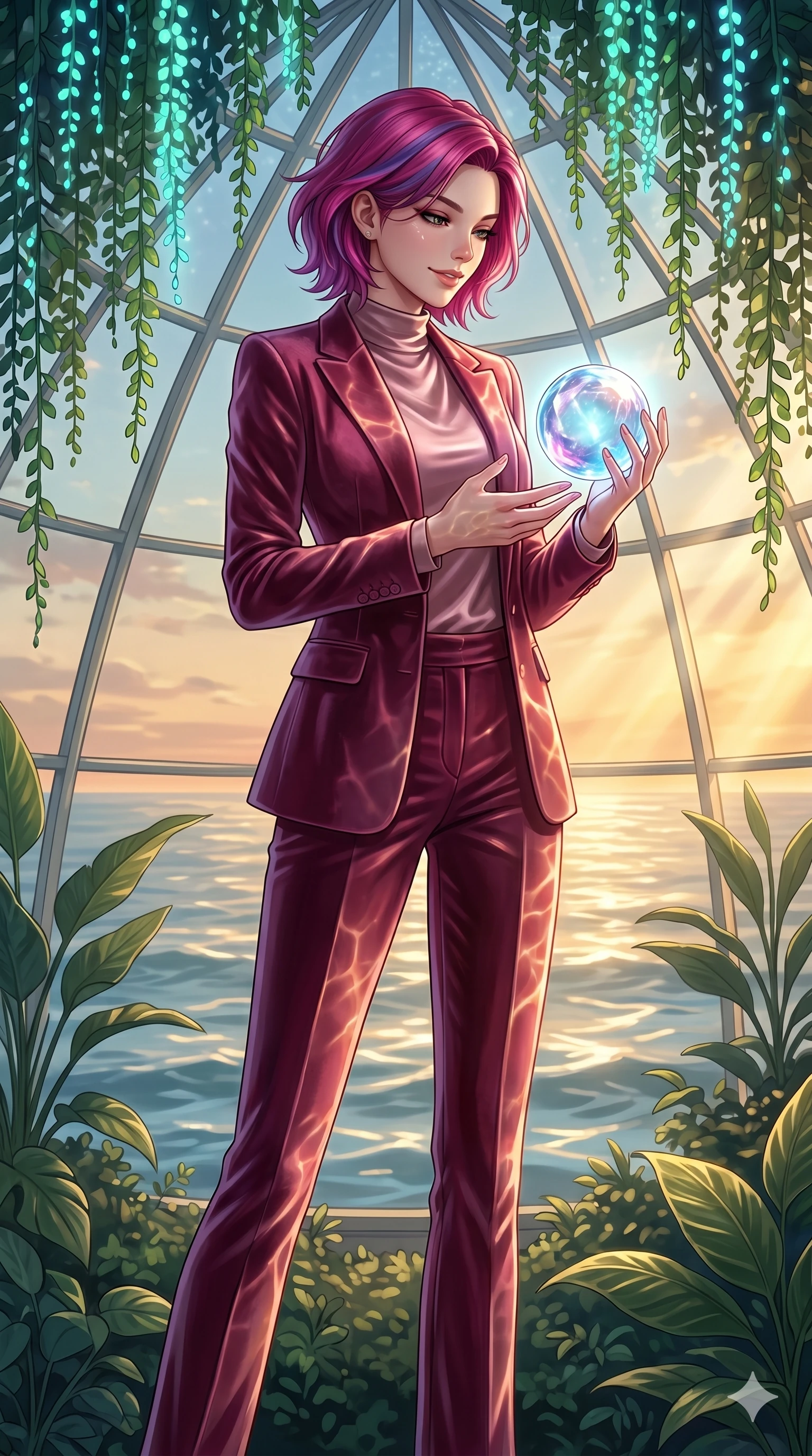 score_9, masterpiece, best quality, ultra-detailed, high-budget anime keyframe, editorial fashion photography, tasteful artistic composition, Caucasian woman, strictly human ears. cowboy shot from the thighs up, character and outfit filling the frame for maximum editorial presence. holding a floating glowing crystal sphere in her hand, looking down with a serene and powerful smile in a botanical dome under a canopy of bioluminescent hanging vines (Code-P17-017). She has an absolutely perfect 8-heads proportion, an exceptionally tall and slender female figure with impossibly long slender legs and an ultra-slim waist. V-shaped jawline, high-bridge nose, intricate jewel-like eyes with depth, thick eyelashes, glossy lips with a natural sheen. wearing a tailored velvet blazer with matching trousers and a high-neck satin shirt. warm golden afternoon sunbeams reflecting off the ocean wave ripples, dancing across her skin. 2k, ultra detail, master piece, 9:16 ratio
