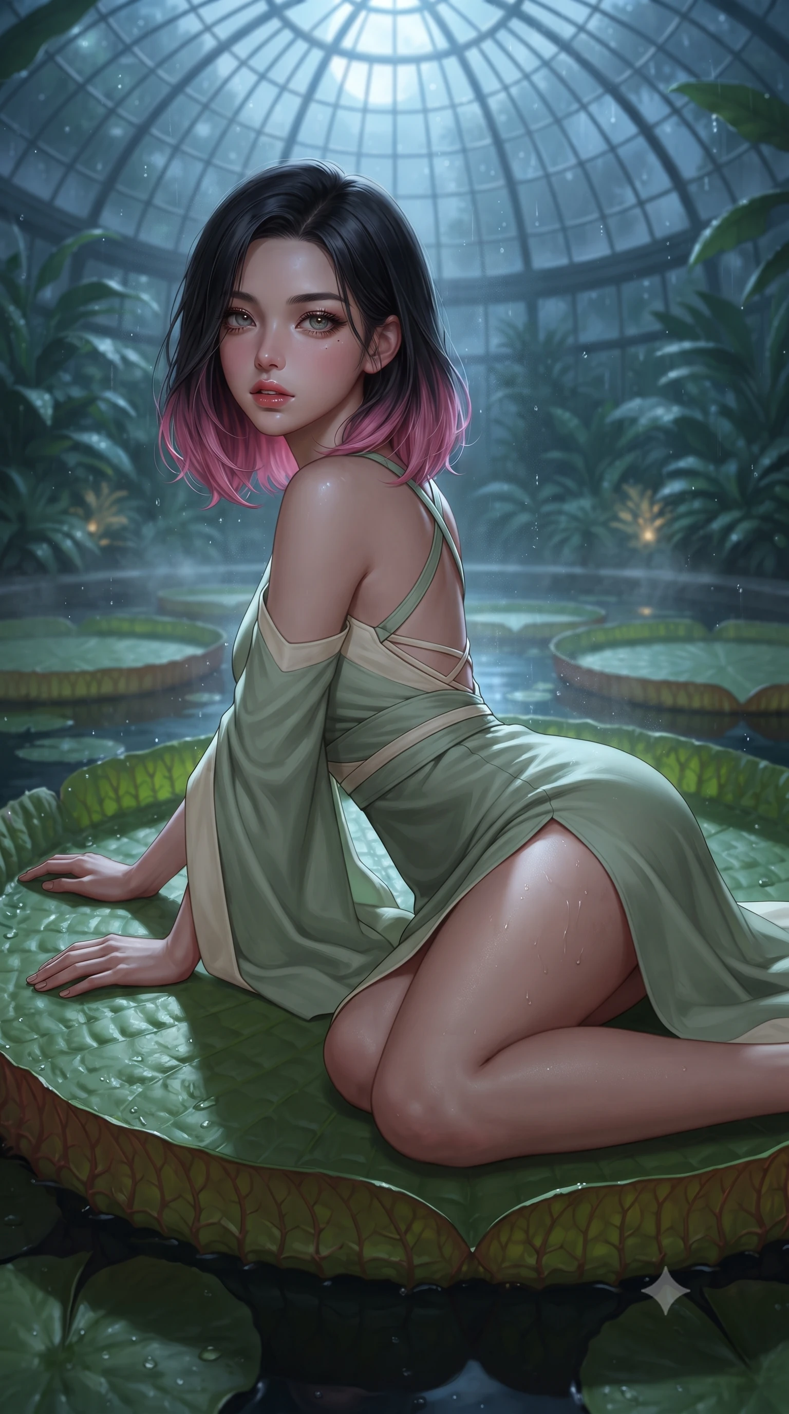 score_9, masterpiece, best quality, ultra-detailed, high-budget anime keyframe, editorial fashion photography, tasteful artistic composition, Korean woman. close-up cowboy shot from the waist and thighs up, the character dominates the composition, filling the frame with her large presence. leaning back with relaxed seductive grace, her sculpted collarbones and narrow waist highlighted as she casts smoldering bedroom-eyes directly into the camera while reclining face down atop a floating giant Victoria water lily pad with head turned toward the lens, legs playfully bent at the knees to highlight her hip silhouette. The surrounding environment is rendered in vivid detail and crisp panoramic clarity. lush nocturnal greenhouse chiaroscuro and enchanted botanical sanctuary aesthetics in precision. She has an exceptionally elegant, slender, and willowy female figure with an ultra-slim waist, a gracefully sculpted slender torso, toned flat midriff, and rounded feminine hips creating an alluring hourglass silhouette. sharp v-shaped jawline, high-bridge nose, intricate jewel-like eyes with depth, thick eyelashes, glossy parted lips with a natural sheen, intensely captivating and seductive bedroom-eyes expression, flawlessly proportioned anatomical accuracy, strict slender model proportions, natural body alignment, perfectly sculpted long slender limbs, ultra-slim waistline, clean dynamic posture without body distortion. wearing a traditional-modern silk fusion wrap dress with asymmetric trailing sleeves and waist-cinching obi in fresh sage green and warm water-lily ivory, tailored from crisp structured cotton poplin with organic botanical dye, finished with criss-cross back straps highlighting her graceful bare spine, the second-skin form-contouring cut accentuating her sculpted flat midriff, narrow waistline, and dramatically curvy hips without adding bulk. bathed in cool silver moonlight filtering through the glass dome and warm underwater pool uplights. ultra-reflective glossy finish, specular highlights, rich textural contrasts, high-contrast stereoscopic depth, volumetric dynamic lighting, 2k, ultra detail, master piece, 9:16 ratio