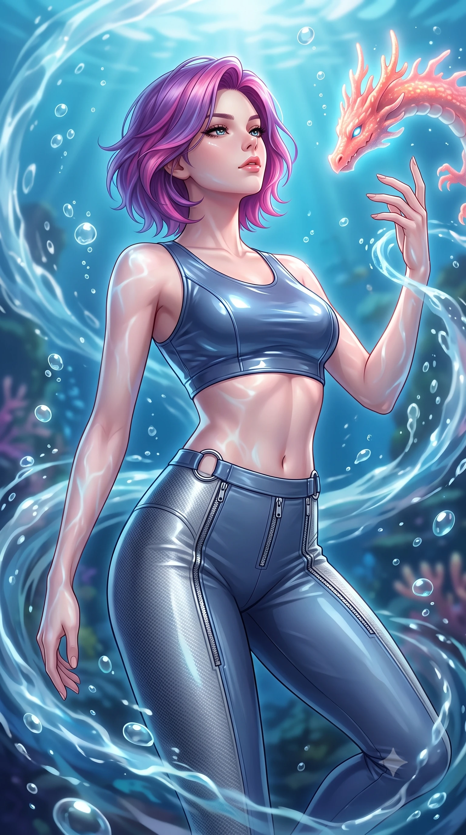 score_9, masterpiece, best quality, ultra-detailed, high-budget anime keyframe, editorial fashion photography, tasteful artistic composition, Caucasian woman. close-up cowboy shot from the waist and thighs up, the character dominates the composition, filling the frame with her large presence, background elements kept in soft focus. Tilting her chin up with an air of effortless superiority while balancing dynamically amidst the scene while reaching her hand out to touch a glowing coral dragon spire surrounded by rising bubbles, swirling ocean currents casting fluid motion patterns across her form. She has an exceptionally elegant, slender, and willowy female figure with an ultra-slim waist, a gracefully sculpted slender torso, and a refined silhouette. sharp v-shaped jawline, high-bridge nose, intricate jewel-like eyes with depth, thick eyelashes, glossy lips with a natural sheen, flawlessly proportioned anatomical accuracy, natural body alignment, perfectly sculpted elegant limbs, clean dynamic posture without body distortion. wearing a glossy vinyl crop top and high-waist tailored leggings with sleek zippers in slate blue and metallic silver, made of fine carbon-fiber weave and soft matte leather, accented with delicate chrome ring hardware framing her waist, the sleek second-skin texture accentuating her magnetic presence. surrounded by a shimmering ocean aura with bright pearl-white specular rim lights. highly saturated vibrant anime colors, detailed shading with soft gradients, rich glossy textures, high-contrast stereoscopic depth, volumetric dynamic lighting, master piece, 9:16 ratio