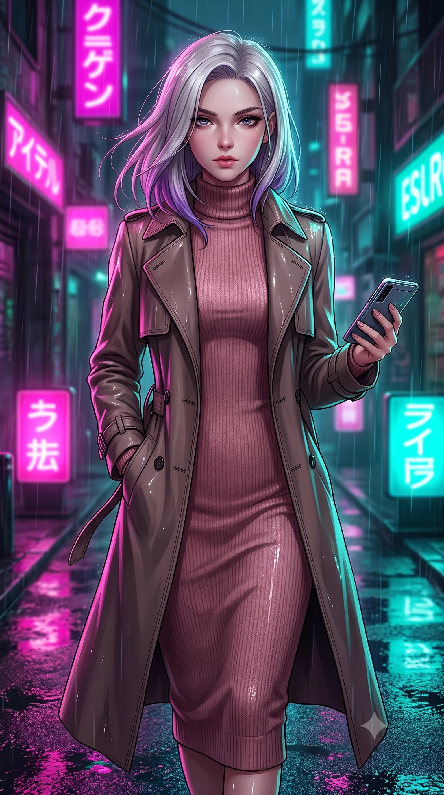 score_9, masterpiece, best quality, ultra-detailed, high-budget anime keyframe, editorial fashion photography, tasteful artistic composition, Caucasian woman woman. close-up cowboy shot from the waist and thighs up, the character dominates the composition, filling the frame with her large presence, background elements kept in soft focus. She has an exceptionally elegant, slender, and willowy female figure with an ultra-slim waist, a gracefully sculpted slender torso, and a refined silhouette. casting a slow, direct gaze beneath heavy lashes with magnetic intensity, flawlessly proportioned anatomical accuracy, natural body alignment, perfectly sculpted elegant limbs, clean dynamic posture without body distortion. set against a soft-focus background of a cyberpunk alley with wet asphalt reflecting rain. wearing a classic tailored trench coat over a high-neck dusty rose knit midi dress. drenched in wet neon reflections of magenta and turquoise casting glossy specular highlights. highly saturated vibrant anime colors, detailed shading with soft gradients, rich glossy textures, high-contrast stereoscopic depth, volumetric dynamic lighting, master piece, 9:16 ratio