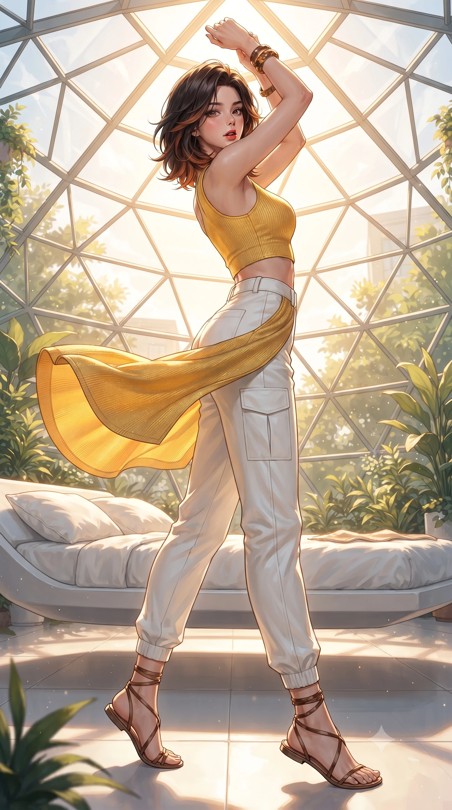 score_9, masterpiece, best quality, ultra-detailed, high-budget anime keyframe, editorial fashion photography, tasteful artistic composition, Korean woman. low angle full-body shot from head to toe showing her feet, filling the entire 9:16 vertical frame with her statuesque presence, stretching her vertical silhouette. executing an elegant mid-motion turn as garments swirl around her slender limbs, glancing over her shoulder with smoldering allure while stretching her slender body on a floating white porcelain daybed beneath a geometric glass dome, arching her back with arms raised. The surrounding environment is rendered in vivid detail and crisp panoramic clarity. bright sunlit solarpunk chiaroscuro and cutting-edge eco-sanctuary aesthetics in high clarity. She has an absolutely perfect, statuesque 8.5-heads proportion, an exceptionally tall and slender model-like female figure with impossibly long slender legs, a toned flat midriff, and an ultra-slim waist. sharp v-shaped jawline, high-bridge nose, intricate jewel-like eyes with depth, thick eyelashes, glossy parted lips with a natural sheen, intensely captivating and seductive expression, flawlessly proportioned anatomical accuracy, strict slender model proportions, natural body alignment, perfectly sculpted long slender limbs, ultra-slim waistline, clean dynamic posture without body distortion. wearing an aerodynamic eco-chic racerback crop tank with high-waisted white utility trousers in vibrant sunflower gold and crisp white, crafted from gold-threaded rib-knit fabric that contours her curves, accessorized with minimalist leather wrap sandals and tortoise shell bangles, the lightweight liquid-knit fabric adhering like a second skin to her slender frame, highlighting her effortless sun-kissed charm. bathed in glorious golden hour sunlight streaming through the solar glass ceiling. ultra-reflective glossy finish, specular highlights, rich textural contrasts, high-contrast stereoscopic depth, volumetric dynamic lighting, 2k, ultra detail, master piece, 9:16 ratio