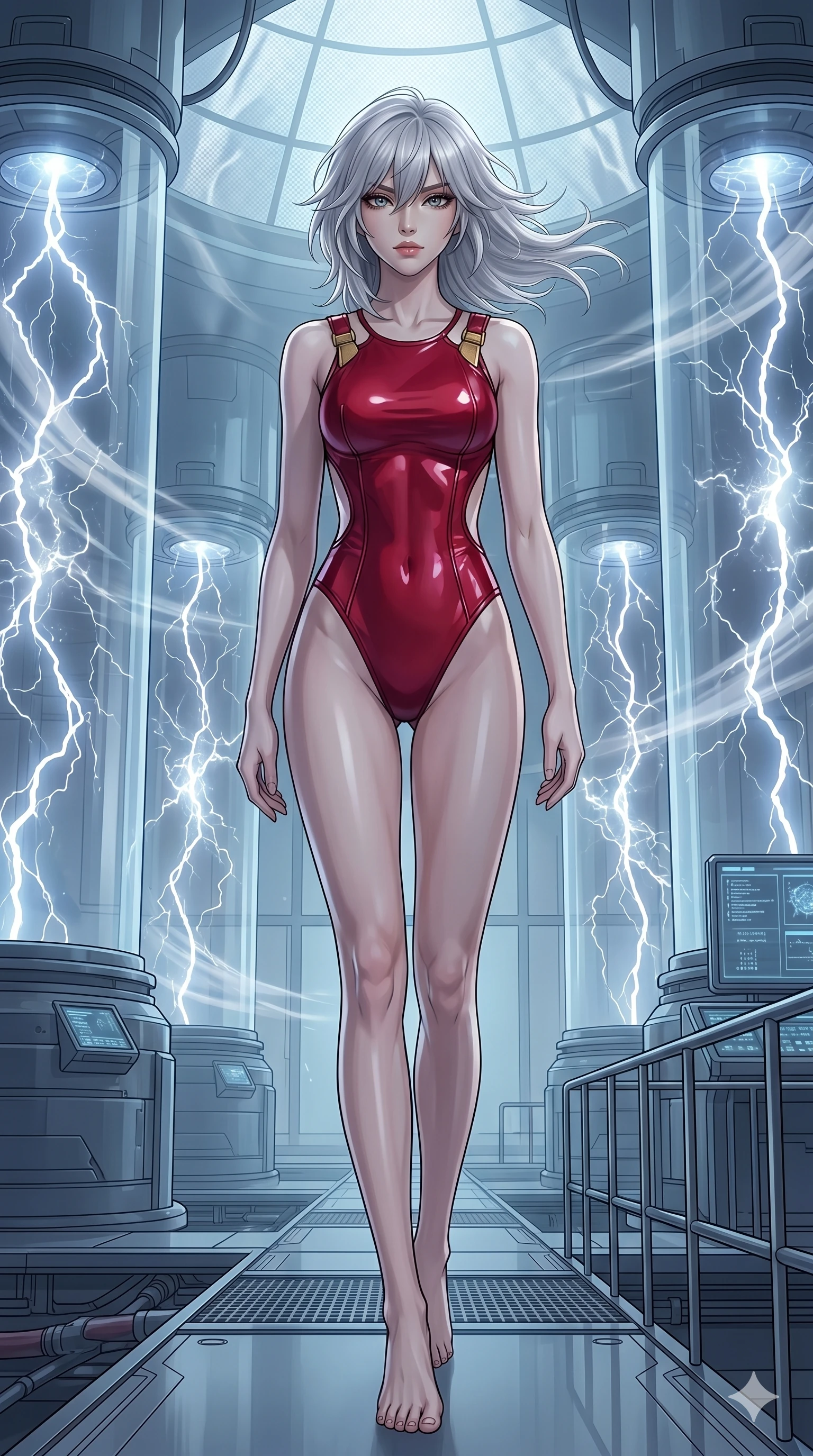 score_9, masterpiece, best quality, ultra-detailed, high-budget anime keyframe, editorial fashion photography, tasteful artistic composition, Japanese woman. low angle full-body shot from head to toe showing her feet, filling the entire 9:16 vertical frame with her statuesque presence, stretching her vertical silhouette. Striding confidently forward with an elongated, powerful step, her posture commanding and majestic inside a futuristic power station with giant glass pillars containing electrical storms, with gentle gusts of silver wind blowing through the space. She has an absolutely perfect 8-heads proportion, an exceptionally tall and slender female figure with impossibly long slender legs and an ultra-slim waist. V-shaped jawline, high-bridge nose, intricate jewel-like eyes with depth, thick eyelashes, glossy lips with a natural sheen. wearing a high-gloss crimson bodysuit with a bold open-back design and gold-accented shoulder straps. bathed in cold silver moonlight filtered through a translucent screen, casting soft shadows on her curves. 2k, ultra detail, master piece, 9:16 ratio