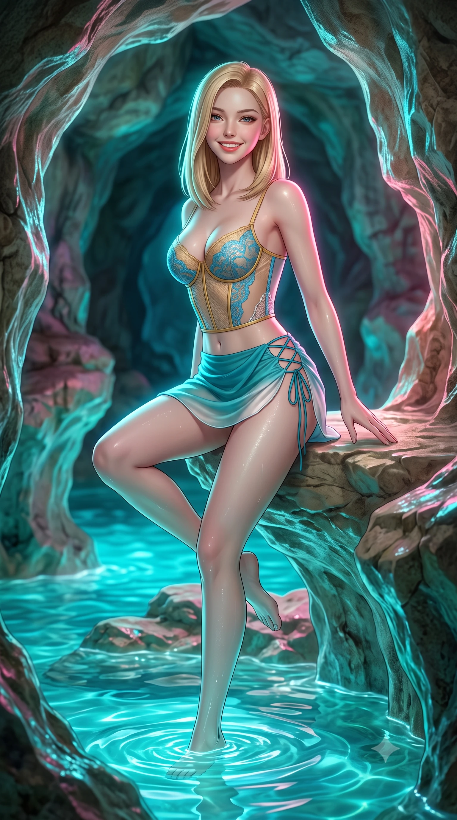 score_9, masterpiece, best quality, ultra-detailed, high-budget anime keyframe, semi-realistic 3D game render, editorial fashion photography, tasteful artistic composition, Korean woman. close-up cowboy shot from the waist and thighs up, the character dominates the composition, filling the frame with her large presence. perched sideways on the lounge seat, one knee drawn up to showcase her slender leg line while her arched back accentuates her feminine hip curve while standing poised on the natural limestone shelf within the sea cave as glowing bioluminescent turquoise water ripples around her ankles, arching her spine with wet-look siren dominance. The surrounding environment is rendered in vivid detail and crisp panoramic clarity: detailed sculpted translucent bustier in azure-blue lace, sheer side panels, draped gossamer mini skirt, and grotto stonework in high resolution. She has an exceptionally elegant, slender, and willowy female figure with an ultra-slim waist, flat toned midriff, narrow ribcage, and sculpted feminine hips creating an alluring, slim hourglass silhouette without bulk. sharp v-shaped jawline, high-bridge nose, intricate jewel-like sparkling eyes with depth, thick eyelashes, glossy parted lips with a natural peach sheen, bright cheerful beaming smile with an enchanting and coquettish sensual glint, exuding both youthful cute charm and seductive allure, flawlessly proportioned anatomical accuracy, strict slender model proportions, natural body alignment, perfectly sculpted long slender limbs, ultra-slim waistline, clean dynamic posture without body distortion. wearing a sculpted underwire bustier in sheer golden mesh paired with an ultra-short draped chiffon sarong mini skirt in Mediterranean bioluminescent teal and radiant pearl, woven from buttery-soft stretch lambskin leather adhering to her body like a second skin, featuring fine criss-cross lace-up side ties revealing tantalizing glimpses of her hip curve, the glove-like clinging cut tightly following the natural contour of her hips and long slender legs with youthful 8.5-heads elegance. illuminated by cave water caustics bounce and sharp electric-cyan and rose rim lights sculpting her cheekbones, flat midriff, and curvaceous hips. highly saturated vibrant anime colors, detailed shading with soft gradients, rich glossy textures, high-contrast stereoscopic depth, volumetric dynamic lighting, master piece, 9:16 ratio