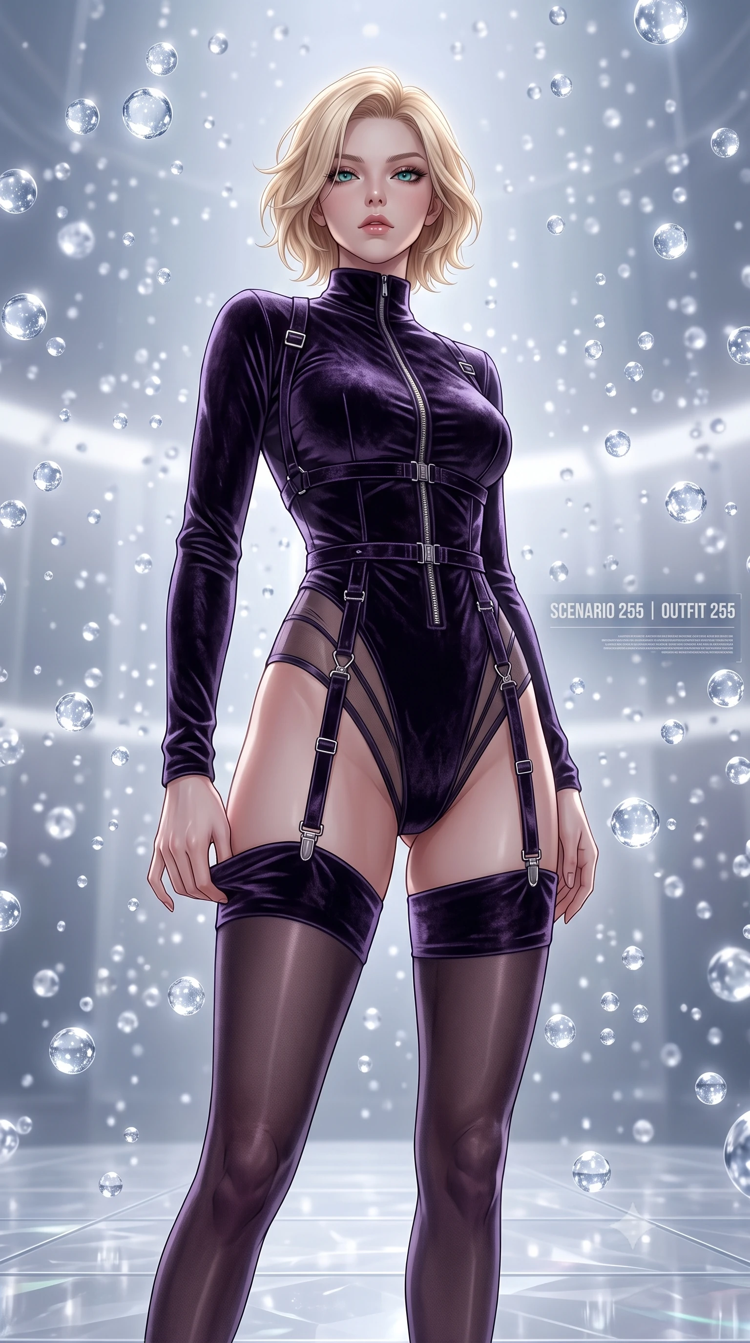 score_9, masterpiece, best quality, ultra-detailed, High-budget Anime Keyframe, Caucasian woman, strictly human ears. Low angle cowboy shot filling the entire 9:16 frame with her statuesque presence. Scenario 255: adjusting her thigh-high stocking near a zero-gravity sanctuary filled with floating water spheres. Her presence is magnetic and overpowering in this high-budget anime scene. Outfit 255: a tailored crushed dark velvet garter with a unzipped detail and translucent layers. The clothing is designed to emphasize her exceptionally tall and slender 8-heads proportion. 8-heads proportion, towering silhouette, ultra-slim waist. sharp v-shaped jawline, intricate jewel-like eyes with depth, thick eyelashes, glossy lips. 2k, ultra detail, master piece, 9:16 ratio