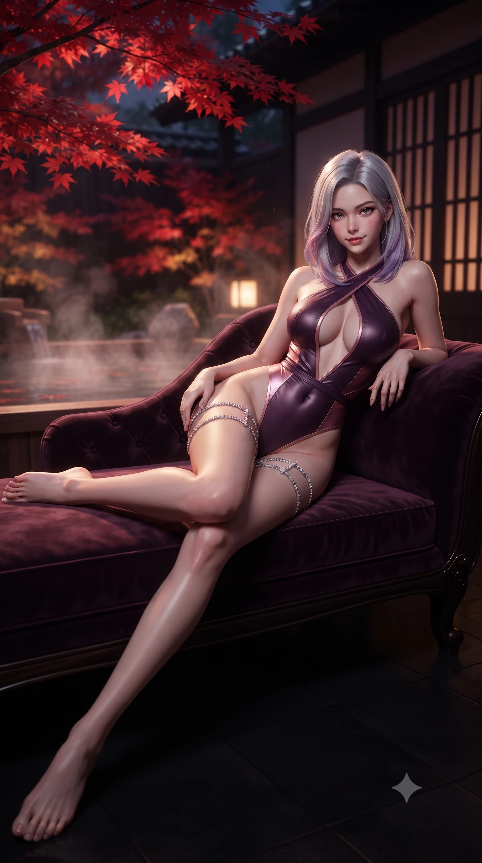 score_9, masterpiece, best quality, ultra-detailed, high-budget anime keyframe, editorial fashion photography, tasteful artistic composition, Caucasian woman. low angle full-body shot from head to toe showing her feet, filling the entire 9:16 vertical frame with her statuesque presence, stretching her vertical silhouette. reclining gracefully across the plush chaise lounge with one leg extended, her sculpted silhouette and flat midriff radiating magnetic nocturnal glamour while lounging gracefully in the shallow hot spring propped on one elbow, her statuesque 8.5-heads silhouette radiating intimate Kyoto allure. The background shows a soft-focus vibrant scarlet Japanese maple leaves overhanging the bath, dark timber machiya lattice walls, and rising mineral steam blurred into crimson, amber, and charcoal bokeh. She has an absolutely perfect, statuesque 8.5-heads proportion, an exceptionally tall and slender model-like female figure with impossibly long slender legs, an ultra-slim waist, a flat toned midriff, narrow delicate ribcage, and beautifully sculpted feminine hips creating a graceful, slim hourglass silhouette without any bulky heaviness. sharp v-shaped jawline, high-bridge nose, sparkling eyes with hypnotic seductive depth, thick curled eyelashes, glossy parted lips with a natural dewy peach sheen, alluring bedroom-eyes with an enchanting coquettish smile, exuding magnetic siren charisma and sophisticated glamour, flawlessly proportioned anatomical accuracy, strict slender model proportions, natural body alignment, perfectly sculpted long slender limbs, ultra-slim waistline, clean dynamic posture without body distortion. wearing a criss-cross halterneck keyhole bodysuit with open back and sculpted waist darts in deep plum violet and rose gold, woven from buttery-soft stretch lambskin leather adhering to her body like a second skin, finished with delicate crystal-encrusted thigh garter straps glinting in the dim light, the second-skin tailored fabric adhering flawlessly to her sculpted flat midriff and slender torso, emphasizing her long leg lines and perfectly proportioned willowy build. illuminated by steam particle light scatter and sharp crimson-gold rim lights defining her delicate clavicles, ultra-slim waist, and curvy hips. ultra-reflective glossy finish, specular highlights, rich textural contrasts, high-contrast stereoscopic depth, volumetric dynamic lighting, 2k, ultra detail, master piece, 9:16 ratio