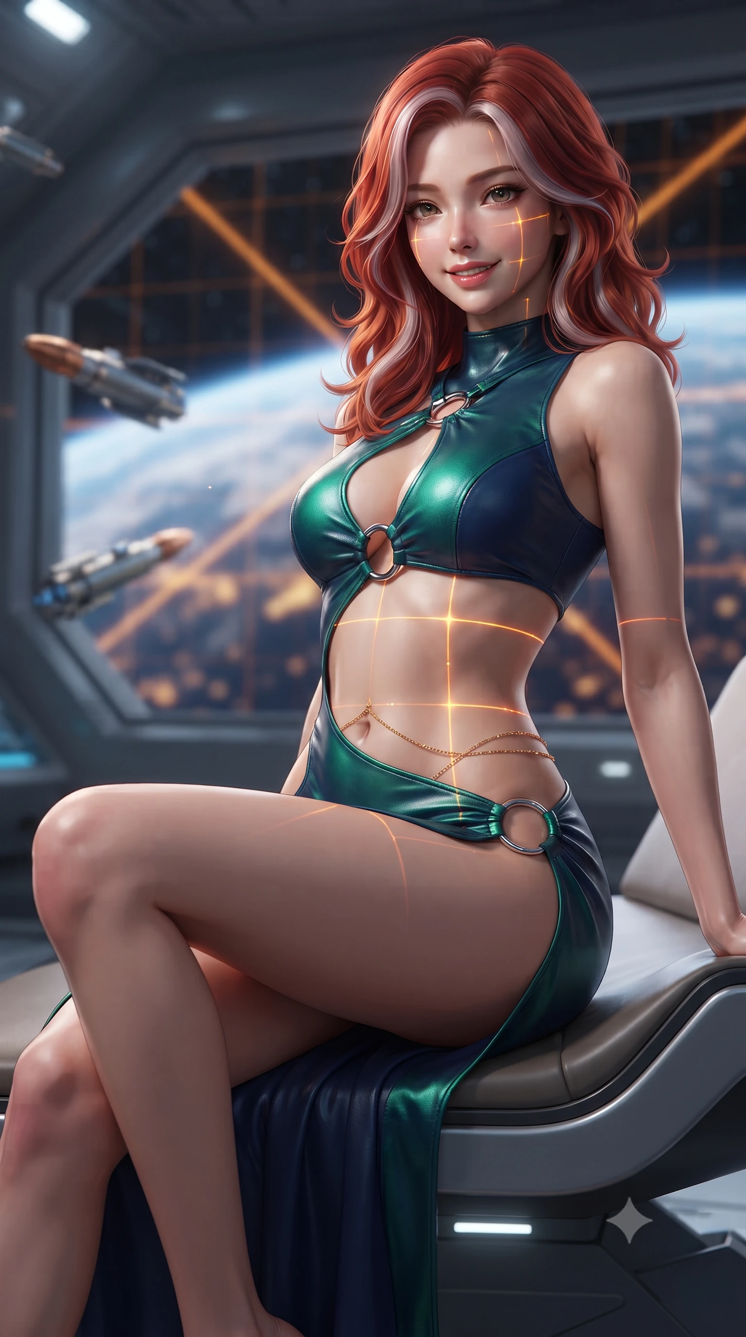 score_9, masterpiece, best quality, ultra-detailed, high-budget anime keyframe, editorial fashion photography, tasteful artistic composition, Caucasian woman. close-up cowboy shot from the waist and thighs up, the character dominates the composition, filling the frame with her large presence. perched sideways on the lounge seat, one knee drawn up to showcase her slender leg line while her arched back accentuates her feminine hip curve while twisting her slender torso in an alluring S-curve, glowing amber diagnostic lasers and starlight painting sensual light ribbons across her flat midriff and hips. The background shows a soft-focus floating kinetic railgun shells in zero-g magnetic cradles, criss-crossing amber laser scanning grids, and open hangar shields revealing blue Earth blurred into amber, cobalt, and onyx bokeh. She has an exceptionally elegant, slender, and willowy female figure with an ultra-slim waist, flat toned midriff, narrow ribcage, and sculpted feminine hips creating an alluring, slim hourglass silhouette without bulk. sharp v-shaped jawline, high-bridge nose, intricate jewel-like sparkling eyes with depth, thick eyelashes, glossy parted lips with a natural peach sheen, bright cheerful beaming smile with an enchanting and coquettish sensual glint, exuding both youthful cute charm and seductive allure, flawlessly proportioned anatomical accuracy, strict slender model proportions, natural body alignment, perfectly sculpted long slender limbs, ultra-slim waistline, clean dynamic posture without body distortion. wearing a provocative open-waist combat cutout mini dress framed by polished chrome ring hardware and thigh-high slit in bioluminescent emerald and abyssal sapphire, woven from buttery-soft stretch lambskin leather adhering to her body like a second skin, accented with a dainty gold belly chain resting across her flat midriff and curving hips, the glove-like clinging cut tightly following the natural contour of her hips and long slender legs with youthful 8.5-heads elegance. bathed in crisp white 5000K inspection spotlights combined with glowing amber laser alignment grids. ultra-reflective glossy finish, specular highlights, rich textural contrasts, high-contrast stereoscopic depth, volumetric dynamic lighting, 2k, ultra detail, master piece, 9:16 ratio