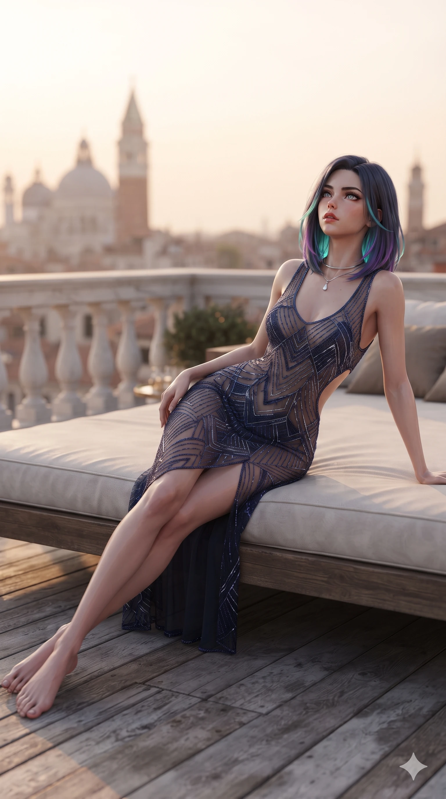 score_9, masterpiece, best quality, ultra-detailed, high-budget anime keyframe, editorial fashion photography, tasteful artistic composition, Caucasian woman. low angle full-body shot from head to toe showing her feet, filling the entire 9:16 vertical frame with her statuesque presence, stretching her vertical silhouette. sitting poised on the Carrara marble steps with one knee bent, arching her spine with supermodel elegance as she glances upward through thick eyelashes while reclining gracefully on the rooftop daybed propped on one elbow with legs extended, displaying her statuesque silhouette against the Venetian skyline. The background shows a soft-focus warm rooftop sunset haze softened in Venetian altana terrace shallow focus. She has an exceptionally tall and slender model-like 8.5-heads proportion, an ultra-slim waist, a flat toned midriff, narrow delicate ribcage, and beautifully sculpted feminine hips creating a graceful, slim hourglass silhouette without any bulky heaviness, with impossibly long slender legs. sharp v-shaped jawline, high-bridge nose, intricate jewel-like sparkling eyes with depth, thick eyelashes, glossy parted lips with a natural sheen, intensely captivating and seductive bedroom-eyes expression, exuding both youthful cute charm and sovereign luxury allure, flawlessly proportioned anatomical accuracy, strict slender model proportions, natural body alignment, perfectly sculpted long slender limbs, ultra-slim waistline, clean dynamic posture without body distortion. wearing a sheer vintage mesh flapper dress adorned with intricate geometric beadwork over an opaque silk micro-slip in midnight sapphire blue and liquid platinum, tailored from heavy double-faced silk georgette with an exceptionally fluid drape, finished with a minimalist chrome choker and a single teardrop diamond pendant, the precision-cut side openings and low-back scoop framing her graceful spine and the sensual sweep of her slim, toned hips. illuminated by warm wood deck bounce and sharp copper-violet rim lights sculpting her razor-sharp jawline, narrow waist, and curvy hips. ultra-reflective glossy finish, specular highlights, rich textural contrasts, high-contrast stereoscopic depth, volumetric dynamic lighting, 2k, ultra detail, master piece, 9:16 ratio