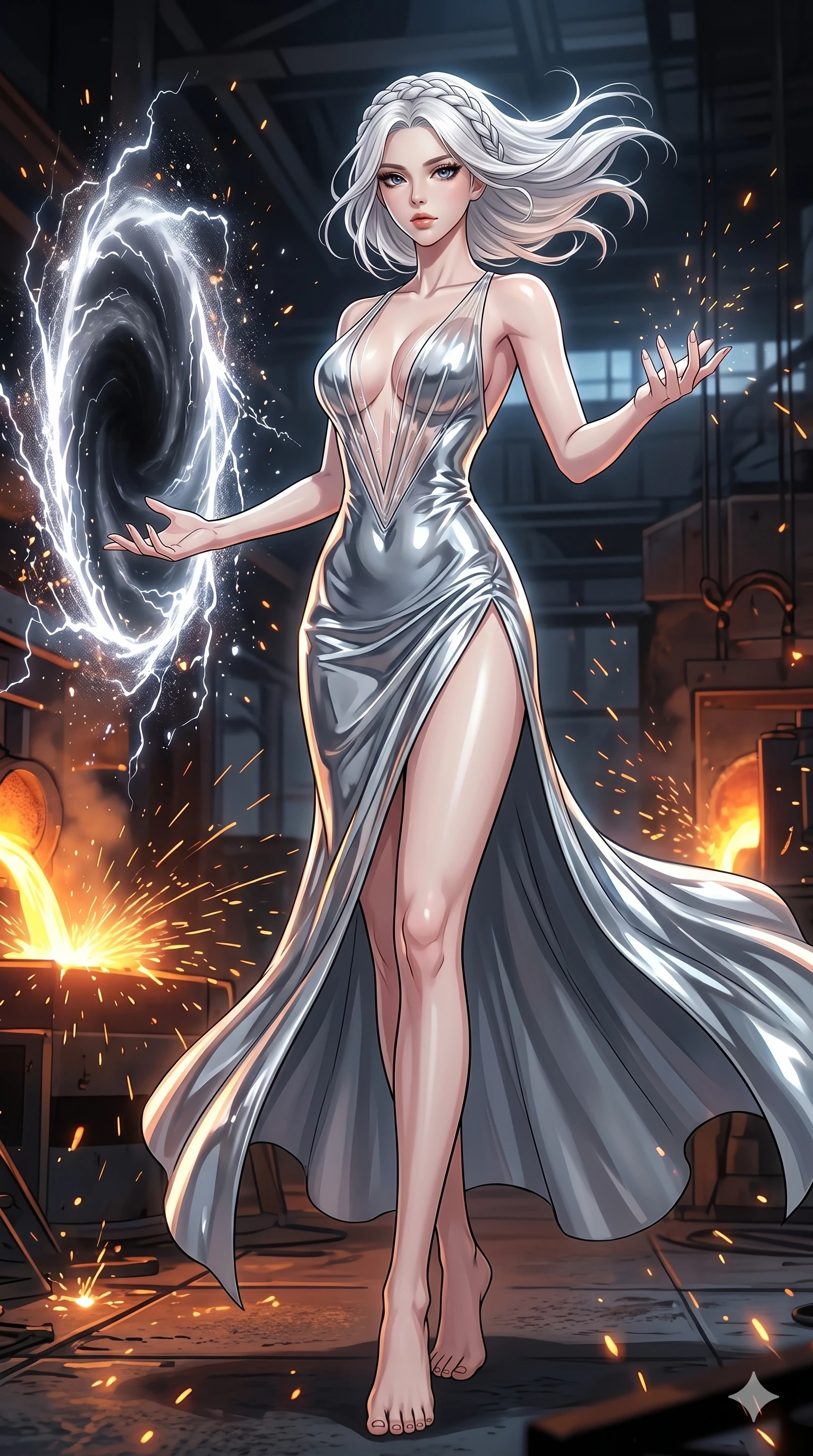 score_9, masterpiece, best quality, ultra-detailed, High-budget Anime Keyframe, vibrant colors, fluid line-art, expressive lighting, cinematic composition, Ufotable-style visual effects, top-tier animation quality, Korean woman with idol-like refined features. Dynamic full-body shot stretching the vertical silhouette, capturing her from a powerful low-angle perspective. Summoning a swirling portal to another dimension with her bare hands, the edges of the rift crackling with unstable energy. She has an absolutely perfect 8-heads proportion, an exceptionally tall and slender female figure with impossibly long slender legs and an ultra-slim waist, her statuesque height and towering silhouette dominating the vertical 9:16 frame. Her face is a masterpiece featuring a sharp v-shaped jawline, high-bridge nose, intricate jewel-like eyes with depth, thick eyelashes, and glossy lips with a natural sheen. She is wearing a Liquid mercury fabric dress that clings perfectly to her every curve with a deep plunging neckline crafted from Transparent PVC with a high-gloss finish that reveals the intricate layers beneath, with a dangerous high slit that showcases her impossibly long slender legs. The scene is set in a gritty industrial factory with glowing molten metal, flying sparks, and deep shadows, illuminated by dynamic strobe effects that capture her movement in a series of sharp fragments. 2k, ultra detail, master piece, 9:16 ratio