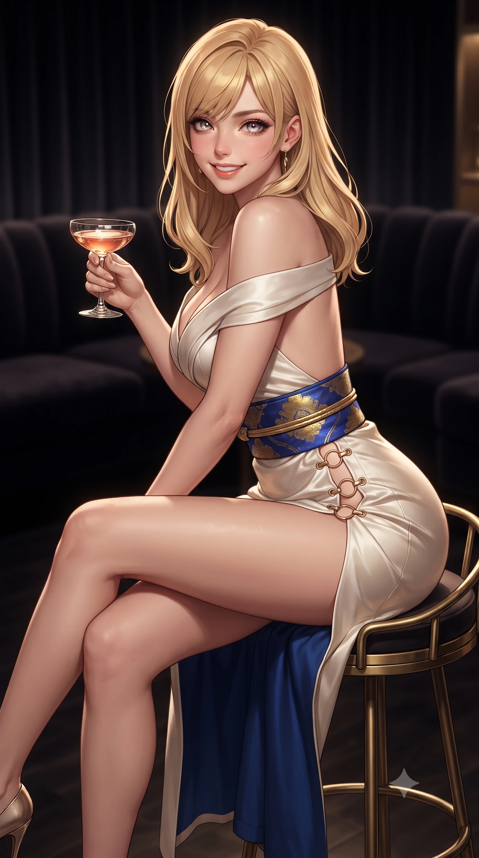score_9, masterpiece, best quality, ultra-detailed, high-budget anime keyframe, editorial fashion photography, tasteful artistic composition, Caucasian woman. close-up cowboy shot from the waist and thighs up, the character dominates the composition, filling the frame with her large presence. leaning forward while arching her lower back to accentuate her curvy hips, looking into the camera with an intoxicating smoldering gaze and bedroom-eyes while sitting poised on the high brass barstool with legs crossed, arching her lower back to highlight her curvy hips as she toys with her cocktail. The background shows a soft-focus dark velvet lounge booths softened in ultra-exclusive Tokyo private club shallow focus. She has an exceptionally elegant, slender, and willowy female figure with an ultra-slim waist, flat toned midriff, narrow ribcage, and sculpted feminine hips creating an alluring, slim hourglass silhouette without bulk. sharp v-shaped jawline, high-bridge nose, intricate jewel-like sparkling eyes with depth, thick eyelashes, glossy parted lips with a natural peach sheen, bright cheerful beaming smile with an enchanting and coquettish sensual glint, exuding both youthful cute charm and seductive allure, flawlessly proportioned anatomical accuracy, strict slender model proportions, natural body alignment, perfectly sculpted long slender limbs, ultra-slim waistline, clean dynamic posture without body distortion. wearing a backless Japanese silk robe-inspired cocktail dress slipping gracefully off bare shoulders with a cinched obi belt in Burj Arabian royal sapphire blue and molten gold, tailored from crisp duchess satin with architectural structure and high-gloss luster, finished with fine gold ring clasps securing the daring side openings along her hip line, the high-slit wrap tailoring accentuating her ultra-slim waistline and the enchanting curve of her feminine hips with alluring seductive charm. illuminated by low-key ambient bar downlights and crisp honey-gold rim lights defining her jawline, flat midriff, and slender waist. ultra-reflective glossy finish, specular highlights, rich textural contrasts, high-contrast stereoscopic depth, volumetric dynamic lighting, 2k, ultra detail, master piece, 9:16 ratio