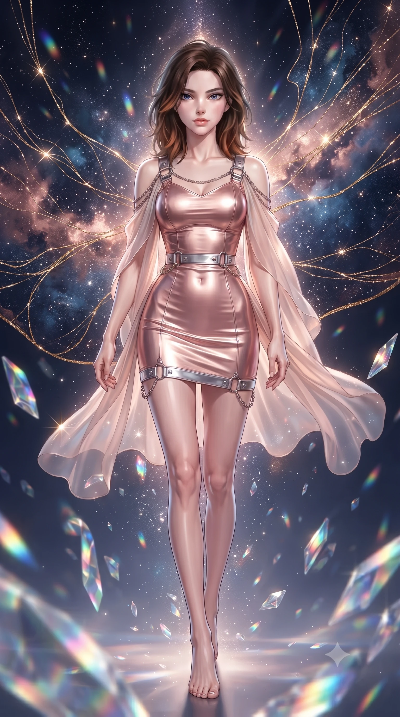 score_9, masterpiece, best quality, ultra-detailed, high-budget anime keyframe, editorial fashion photography, tasteful artistic composition, Korean woman. low angle full-body shot from head to toe showing her feet, filling the entire 9:16 vertical frame with her statuesque presence, stretching her vertical silhouette. forging confidently through the floating crystal mist, holding a poised statuesque stance, poised before a giant starlight tapestry reflecting deep navy and rose gold nebulae, metallic golden thread lines glittering with sharp specular highlights. She has an absolutely perfect, statuesque 8.5-heads proportion, an exceptionally tall and slender model-like female figure with impossibly long slender legs and an ultra-slim waist. sharp v-shaped jawline, high-bridge nose, intricate jewel-like eyes with depth, thick eyelashes, glossy lips with a natural sheen. wearing aerodynamic second-skin rose-gold metallic bodycon dress in radiant platinum, made of sheer opal chiffon overlay, framed by polished silver buckles and delicate chain details, sculpting her athletic slender build with refined precision. surrounded by a glowing aura of starlight and shimmering celestial dust. ultra-reflective glossy finish, specular highlights, metallic sheen, high-contrast stereoscopic depth, volumetric dynamic lighting, 2k, ultra detail, master piece, 9:16 ratio