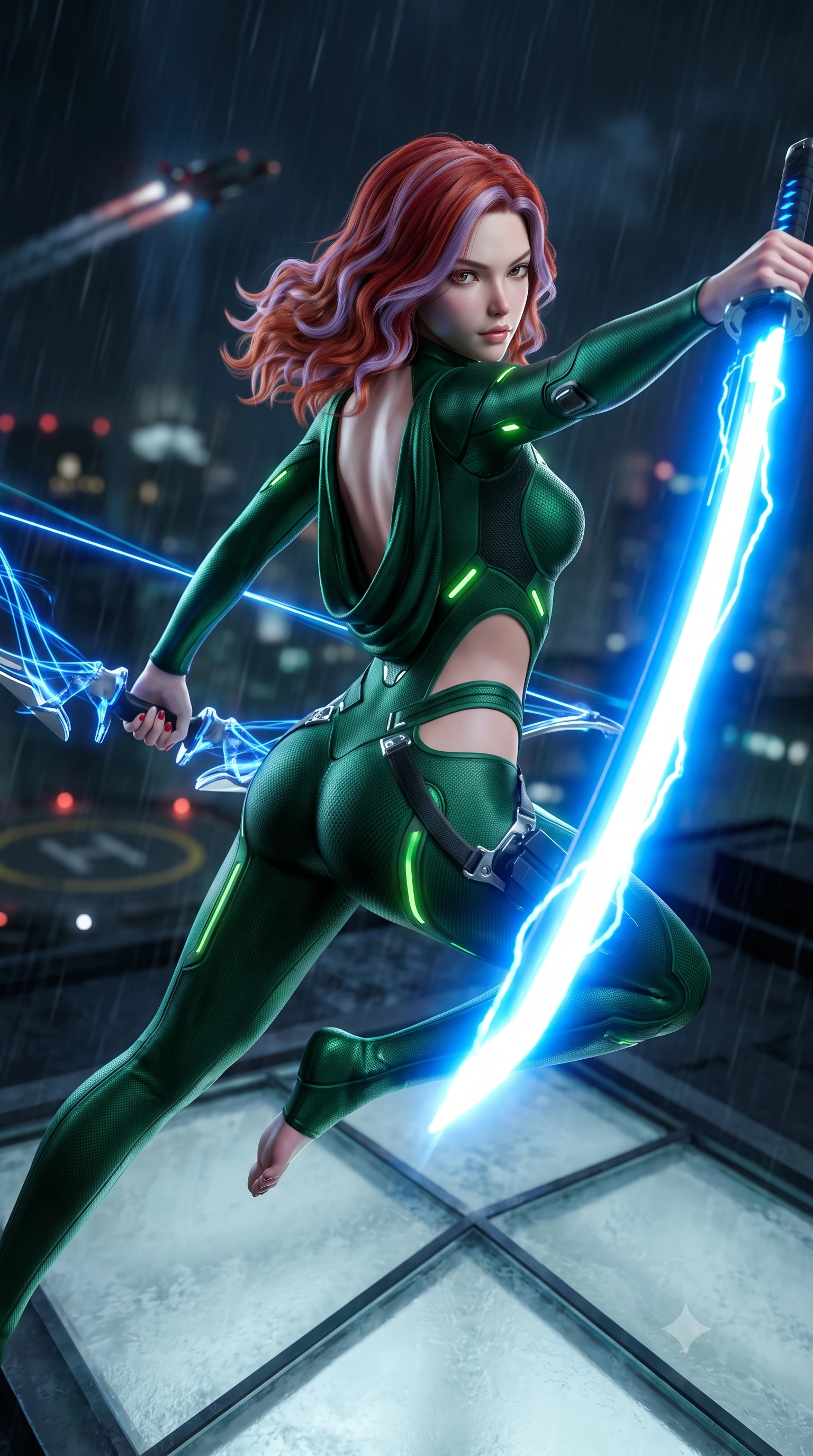 score_9, masterpiece, best quality, ultra-detailed, high-budget anime keyframe, semi-realistic 3D game render, editorial fashion photography, tasteful artistic composition, Caucasian woman. close-up cowboy shot from the waist and thighs up, the character dominates the composition, filling the frame with her large presence. stretching forward with an alluring arch of her spine, glancing over her shoulder with divine self-assurance and magnetic intensity while leaping gracefully across a rooftop glass skylight with plasma katana extended, creating a brilliant arc of electric light. The composition keeps background elements in soft focus with creamy bokeh. helipad landing lights and flying vehicle exhaust trails softened in moody shallow focus. She has an exceptionally elegant, slender, and willowy female figure with an ultra-slim waist, a gracefully sculpted slender torso, toned flat midriff, and a refined slim silhouette. sharp v-shaped jawline, high-bridge nose, intricate jewel-like eyes with depth, thick eyelashes, glossy lips with a natural sheen, flawlessly proportioned anatomical accuracy, strict slender model proportions, natural body alignment, perfectly sculpted long slender limbs, ultra-slim waistline, clean dynamic posture without body distortion. wearing a tailored emerald-green carbon-fiber tactical jumpsuit with glowing lime LED channels and an open cowl back, drawing a floating holographic photon energy bow with supreme grace in electric cobalt blue carbon with polished platinum trim, made of liquid carbon-jersey fabric adhering flawlessly to her sculpted silhouette, detailed with magnetic weapon holsters and polished chrome connection clasps, the precision-cut daring openings accentuating her delicate midriff, graceful bare collarbones, and ultra-slim feminine waistline. surrounded by an exhilarating, fierce, and breathtakingly stylish cyber-valkyrie aura. rich saturated anime colors with glowing neon highlights, detailed shading with soft gradients, rich glossy textures, high-contrast stereoscopic depth, volumetric dynamic lighting, master piece, 9:16 ratio