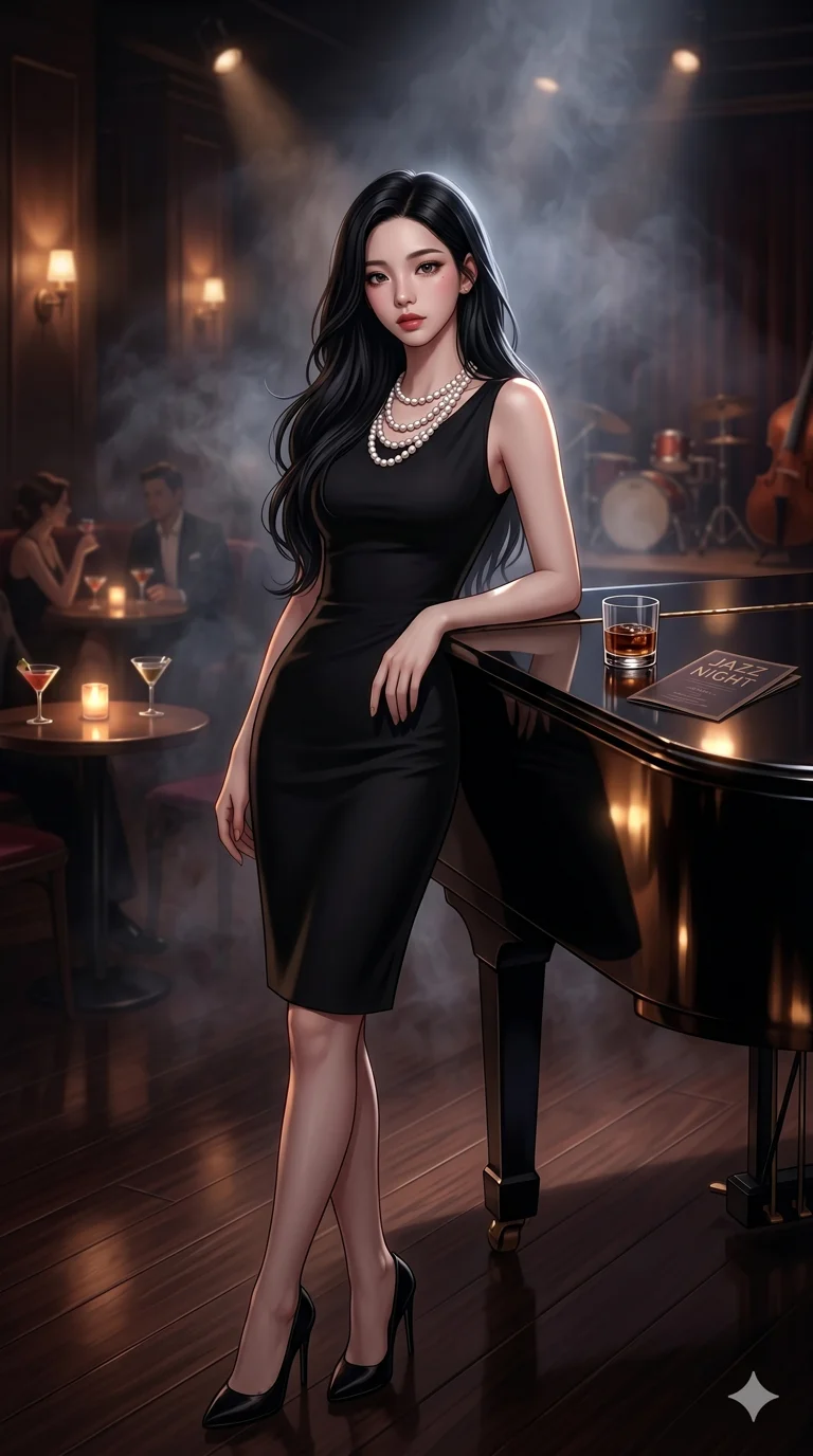 score_9, score_8_up, score_7_up, source_anime, masterpiece, best quality, ultra-detailed, same character with long flowing black hair, wearing a classic elegant black cocktail dress and a pearl necklace, full body shot standing elegantly leaning against a polished black grand piano, dimly lit upscale jazz club, moody smoky atmosphere, 2k, 9:16 ratio