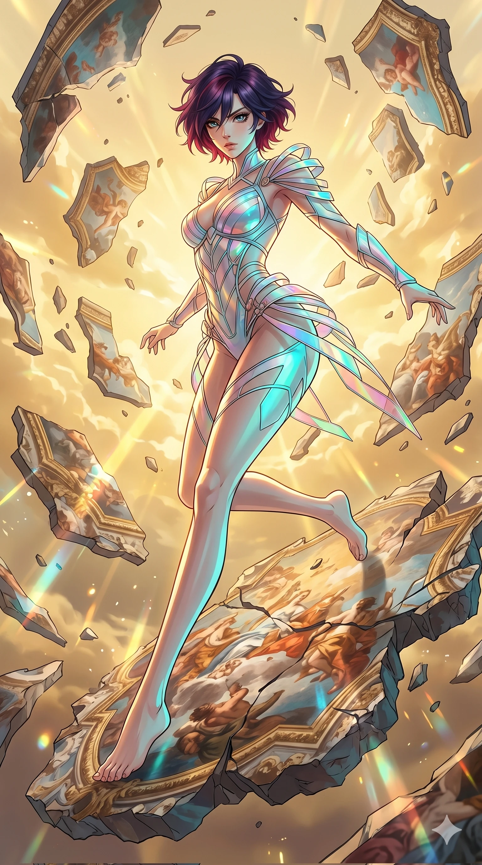 score_9, masterpiece, best quality, ultra-detailed, high-budget anime keyframe, Japanese woman. low angle full-body shot filling the entire 9:16 frame with her statuesque presence, stretching the vertical silhouette. propelling herself off digital baroque ceiling fresco shards that float and reassemble in a golden sky. She has an absolutely perfect 8-heads proportion, an exceptionally tall and slender female figure with impossibly long slender legs and an ultra-slim waist. V-shaped jawline, high-bridge nose, intricate jewel-like eyes with depth, thick eyelashes, glossy lips with a natural sheen.. wearing a holographic ribbon shell armor, featuring thin iridescent plates linked by wire straps over a sleek structured base layer. showcasing a beautiful play of light and shadow, with warm golden rays clashing against cool cyan highlights. 2k, ultra detail, master piece, 9:16 ratio