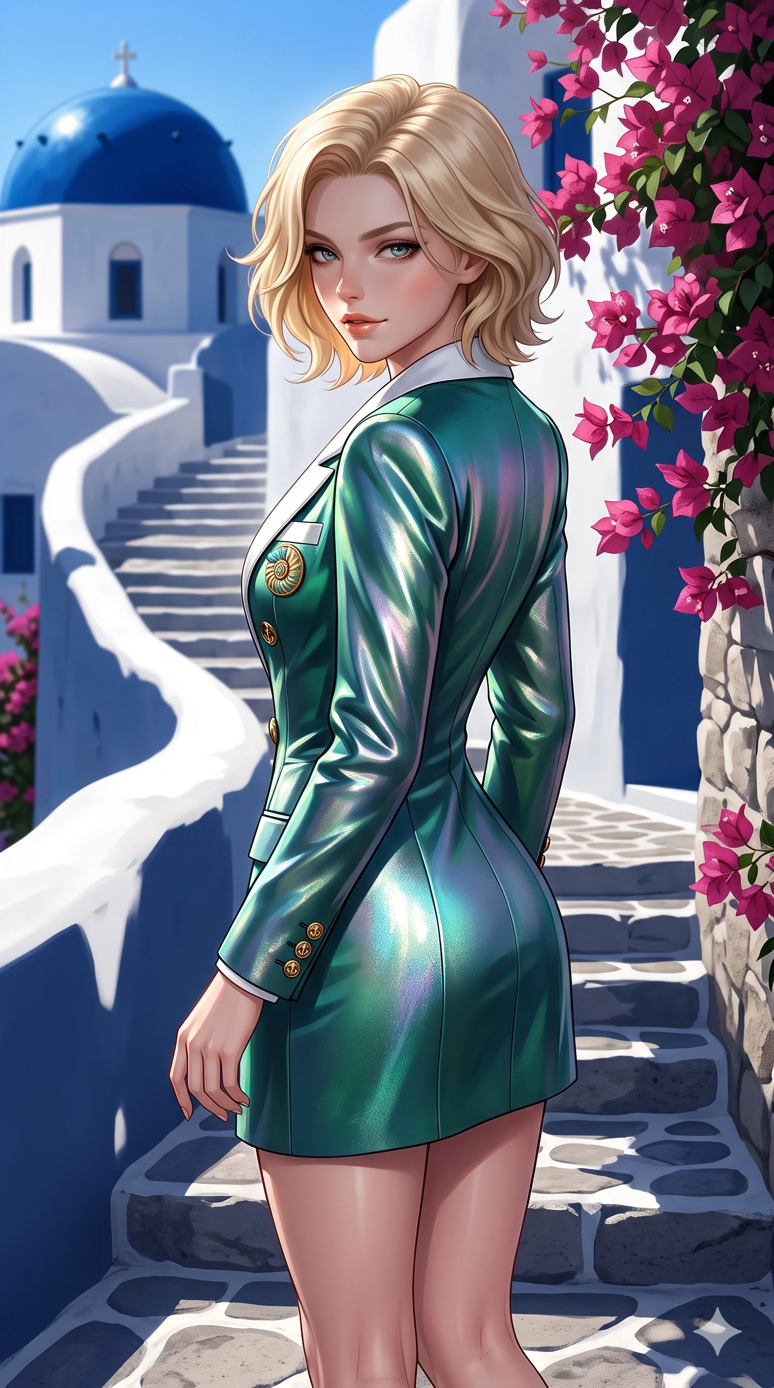 score_9, masterpiece, best quality, ultra-detailed, high-budget anime keyframe, semi-realistic 3D game render, editorial fashion photography, tasteful artistic composition, Caucasian woman. close-up cowboy shot from the waist and thighs up, the character dominates the composition, filling the frame with her large presence. posing in an alluring rear three-quarter angle, looking over a bare shoulder with parted glossy lips, her hips cocked back to highlight her slim hourglass curve while stepping down the winding white stone stairway with feline grace, looking back over a bare shoulder with an irresistible smoldering bedroom-gaze. The surrounding environment is rendered in vivid detail and crisp panoramic clarity: sharp whitewashed stair edge curves, glossy cobalt dome enamel paint, and delicate bougainvillea petal veins in deep focus. She has an exceptionally elegant, slender, and willowy female figure with an ultra-slim waist, flat toned midriff, narrow ribcage, and sculpted feminine hips creating an alluring, slim hourglass silhouette without bulk. sharp v-shaped jawline, high-bridge nose, sparkling eyes with hypnotic seductive depth, thick curled eyelashes, glossy parted lips with a natural dewy peach sheen, alluring bedroom-eyes with an enchanting coquettish smile, exuding magnetic siren charisma and sophisticated glamour, flawlessly proportioned anatomical accuracy, strict slender model proportions, natural body alignment, perfectly sculpted long slender limbs, ultra-slim waistline, clean dynamic posture without body distortion. wearing a tailored double-breasted nautical yachting blazer dress with gold anchor crest buttons and crisp white lapels in emerald sea green and polished titanium, crafted from luxurious metallic lamé that shifts radiance with every step, accented with an authentic engraved gold nautilus shell medallion and turquoise cabochons, the impeccably tailored cut draping gracefully along her slender figure with aristocratic resort poise. bathed in the intense, crystal-clear 4000K Mediterranean sun casting crisp, geometric dark blue shadows on organic white plaster surfaces. highly saturated vibrant anime colors, detailed shading with soft gradients, rich glossy textures, high-contrast stereoscopic depth, volumetric dynamic lighting, master piece, 9:16 ratio