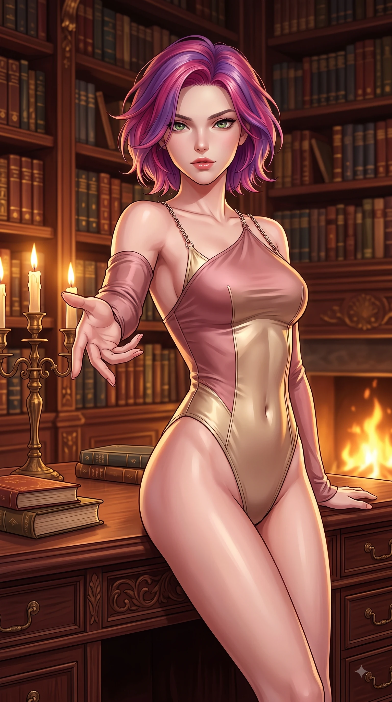 score_9, masterpiece, best quality, ultra-detailed, high-budget anime keyframe, editorial fashion photography, tasteful artistic composition, Caucasian woman. close-up cowboy shot from the waist and thighs up, the character dominates the composition, filling the frame with her large presence, background elements kept in soft focus. Reaching one arm gracefully toward the camera with magnetic poise, displaying her statuesque silhouette while leaning back against a carved mahogany reading desk in an antique library lit by warm candlelight, thousands of antique leather-bound books stacked along majestic golden shelves. She has an exceptionally elegant, slender, and willowy female figure with an ultra-slim waist, a gracefully sculpted slender torso, and a refined silhouette. sharp v-shaped jawline, high-bridge nose, intricate jewel-like eyes with depth, thick eyelashes, glossy lips with a natural sheen, flawlessly proportioned anatomical accuracy, natural body alignment, perfectly sculpted elegant limbs, clean dynamic posture without body distortion. wearing an asymmetrical high-cut tech-bodysuit with detached sleeves in dusty rose and champagne gold, crafted from smooth liquid silk, adorned with delicate metallic chain straps along the neckline, the elegant draped fit framing her graceful clavicle and slender torso. bathed in rich amber candlelight and warm golden hearth flame backlighting. highly saturated vibrant anime colors, detailed shading with soft gradients, rich glossy textures, high-contrast stereoscopic depth, volumetric dynamic lighting, master piece, 9:16 ratio