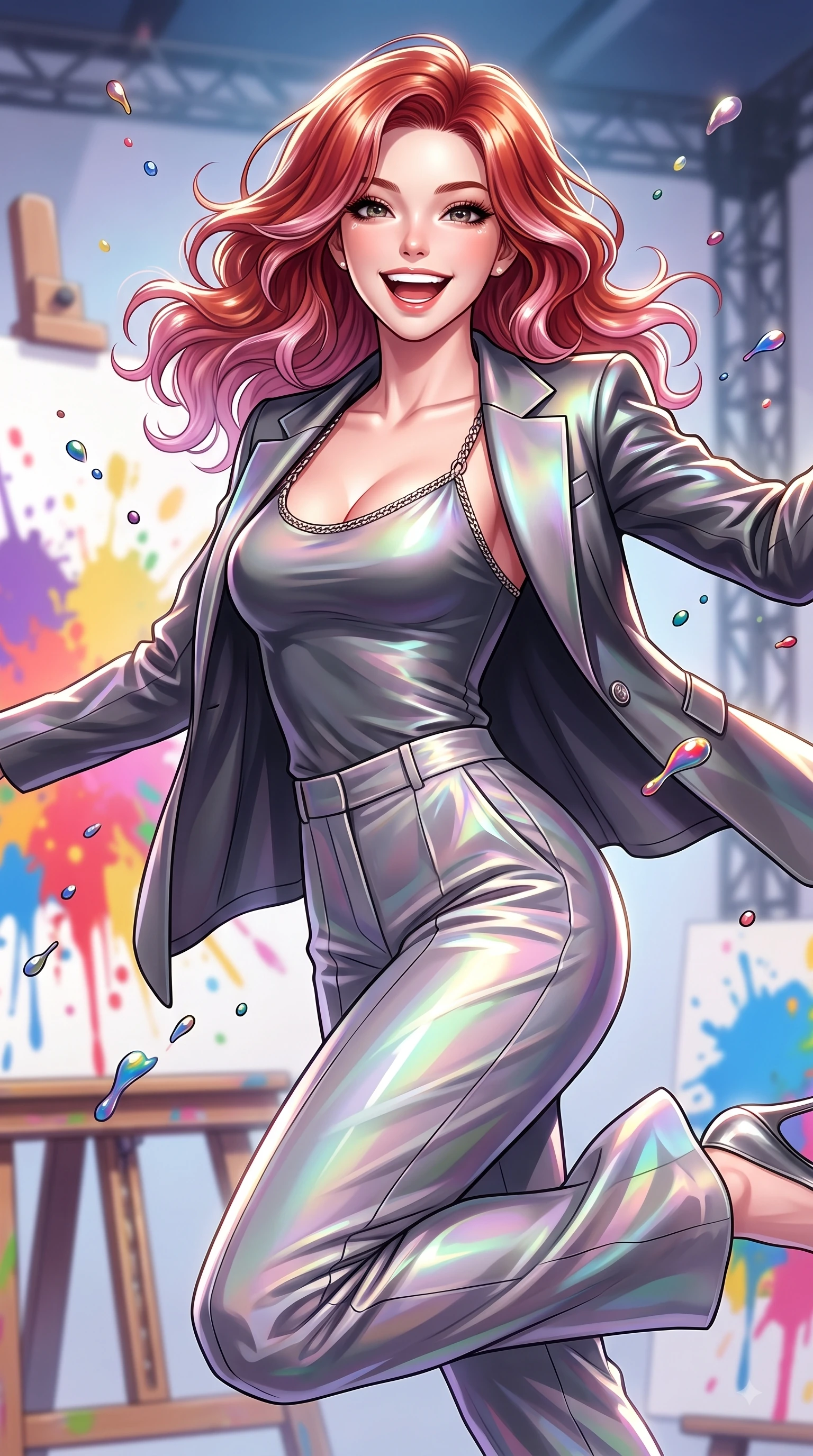 score_9, masterpiece, best quality, ultra-detailed, high-budget anime keyframe, editorial fashion photography, tasteful artistic composition, Caucasian woman. close-up cowboy shot from the waist and thighs up, the character dominates the composition, filling the frame with her large presence, background elements kept in soft focus. Radiant bright smile with sparkling eyes directed right into the lens, her torso turning in a dynamic S-curve alignment while leaping dynamically through the air with a radiant laughing expression on an open art stage, paint droplets catching sharp specular highlights as she turns with a beaming smile. She has an exceptionally elegant, slender, and willowy female figure with an ultra-slim waist, a gracefully sculpted slender torso, and a refined silhouette. sharp v-shaped jawline, high-bridge nose, intricate jewel-like eyes with depth, thick eyelashes, glossy lips with a natural sheen, flawlessly proportioned anatomical accuracy, natural body alignment, perfectly sculpted elegant limbs, clean dynamic posture without body distortion. wearing a tailored silk blazer over a form-contouring scoop-neck top and slacks in charcoal grey and platinum, crafted from iridescent chiffon that shifts colors in the light, adorned with delicate metallic chain straps along the neckline, the sleek second-skin texture accentuating her magnetic presence. bathed in high-contrast vibrant studio lighting with sharp cheerful specular highlights. ultra-reflective glossy finish, specular highlights, metallic sheen, high-contrast stereoscopic depth, volumetric dynamic lighting, 2k, ultra detail, master piece, 9:16 ratio
