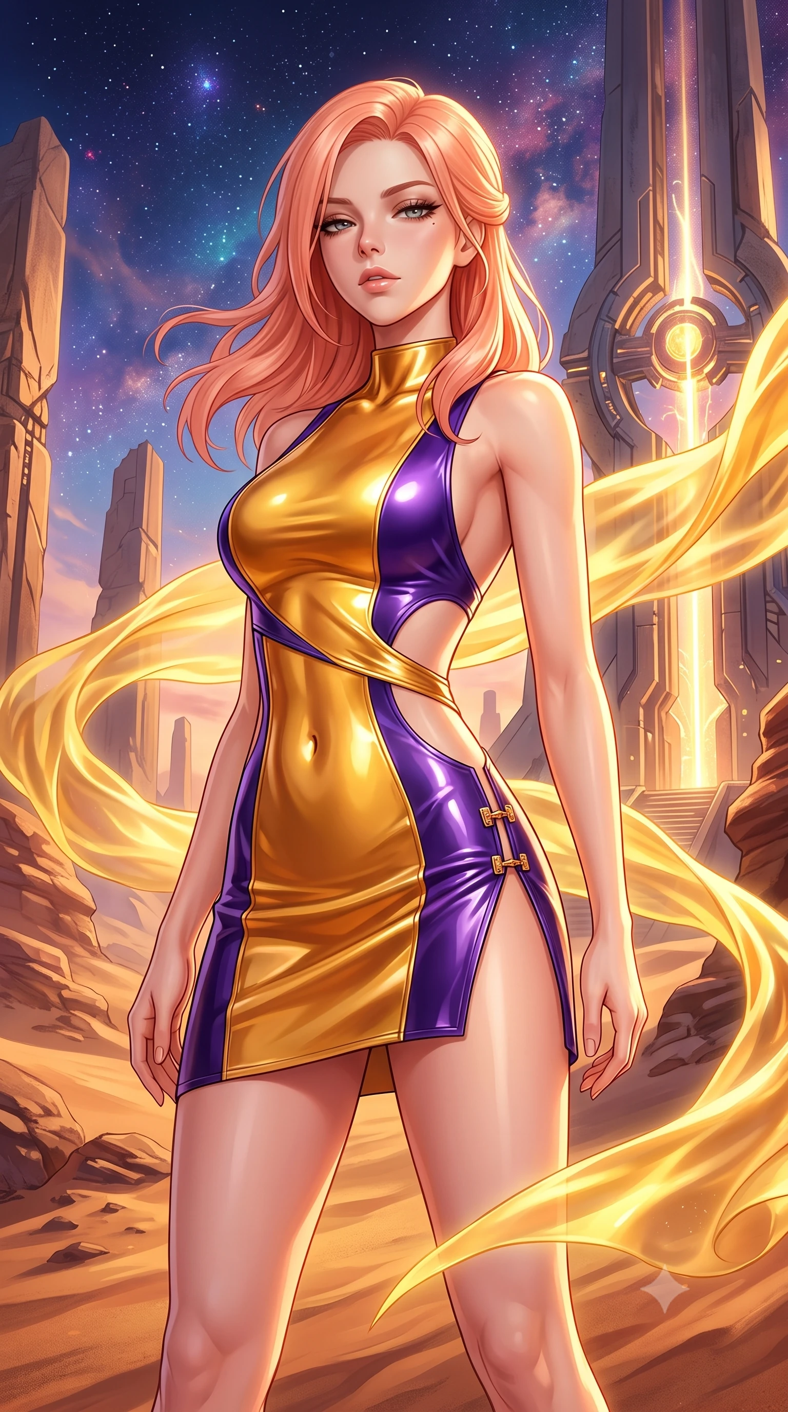 score_9, masterpiece, best quality, ultra-detailed, high-budget anime keyframe, semi-realistic 3D game render, editorial fashion photography, tasteful artistic composition, Japanese woman. close-up cowboy shot from the waist and thighs up, the character dominates the composition, filling the frame with her large presence. casting a slow, smoldering gaze beneath heavy lashes with parted glossy lips, her head slightly tilted in captivating self-assurance while standing with sovereign majesty in the desert wind as glowing golden fabric whips around her slender figure. The surrounding environment is rendered in vivid detail and crisp panoramic clarity. rich high-contrast warm desert lighting and futuristic cyber-monument architecture rendered in high resolution. She has an exceptionally elegant, slender, and willowy female figure with an ultra-slim waist, a gracefully sculpted slender torso, and a refined silhouette. sharp v-shaped jawline, high-bridge nose, intricate jewel-like eyes with depth, thick eyelashes, glossy lips with a natural sheen, flawlessly proportioned anatomical accuracy, natural body alignment, perfectly sculpted elegant limbs, clean dynamic posture without body distortion. wearing a second-skin fashion-latex mini dress with a clean architectural front, featuring an open-back design that wraps around the sides of her waist, showcasing her slender silhouette in lustrous molten gold and pure deep violet, crafted from ultra-reflective second-skin latex with a glass-like polish, finished with an ultra-high side slit secured by miniature magnetic clasps, the daring cutouts accentuating her delicate midriff, graceful collarbones, and feminine contour. surrounded by an epic, windswept, and intensely magnetic cosmic desert atmosphere. highly saturated vibrant anime colors, detailed shading with soft gradients, rich glossy textures, high-contrast stereoscopic depth, volumetric dynamic lighting, master piece, 9:16 ratio