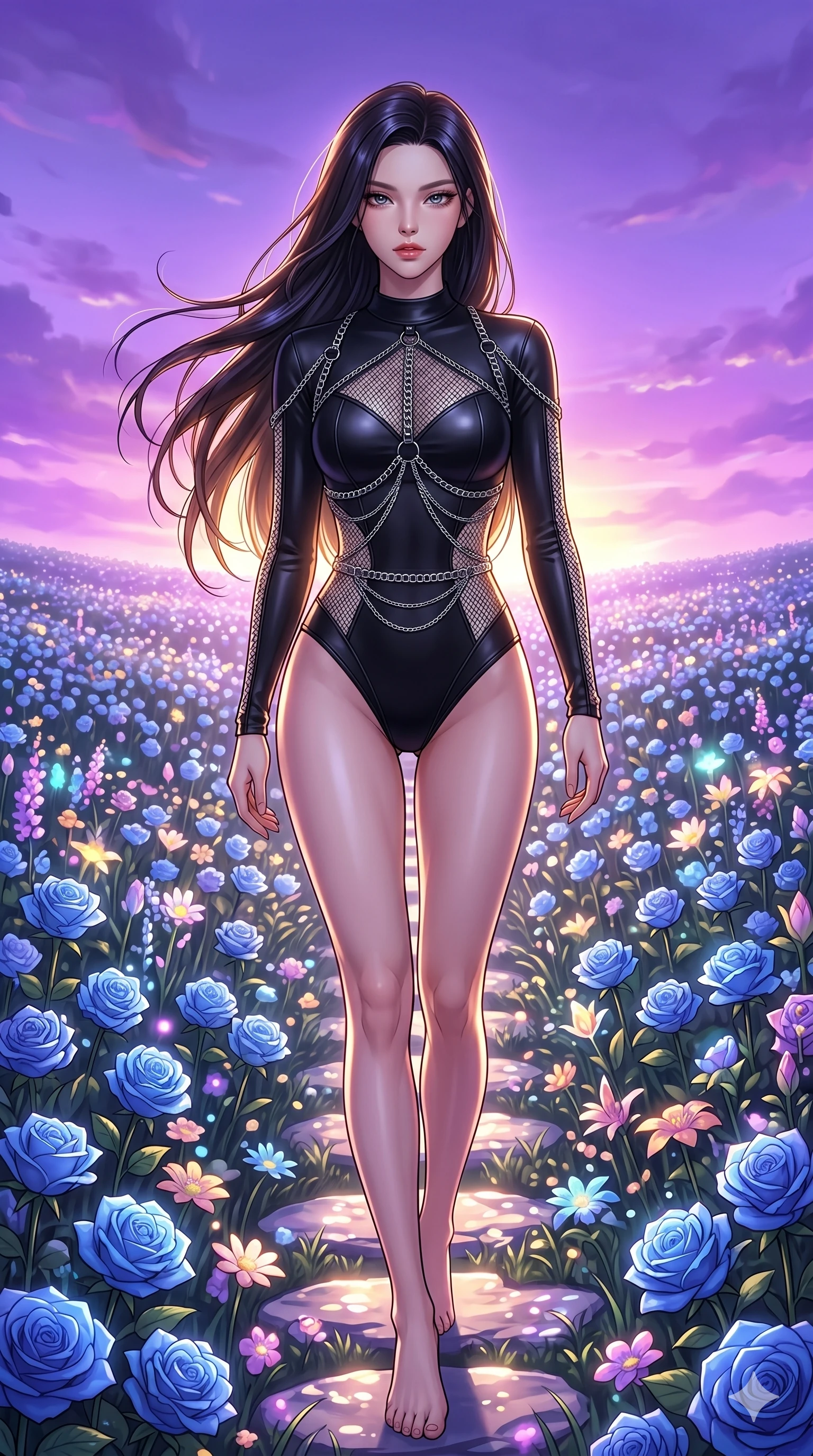 score_9, masterpiece, best quality, ultra-detailed, Set C: High-budget Anime Keyframe, Korean woman. Upper body close-up from the thighs up, character filling the screen for maximum presence. Walking through a field of blue roses under a lavender sky. She has an absolutely perfect 8-heads proportion, an exceptionally tall and slender female figure with an slender waist and ethereal beauty. Sharp v-shaped jawline, high-bridge nose, intricate jewel-like eyes with depth, thick eyelashes, glossy lips. Wearing a K-Idol Stage outfit: sleek bodysuit with a decorative harness and silver mesh. Background is a bright and colorful meadow with glowing flowers and a vibrant purple sunset. 2k, ultra detail, master piece, 9:16 ratio