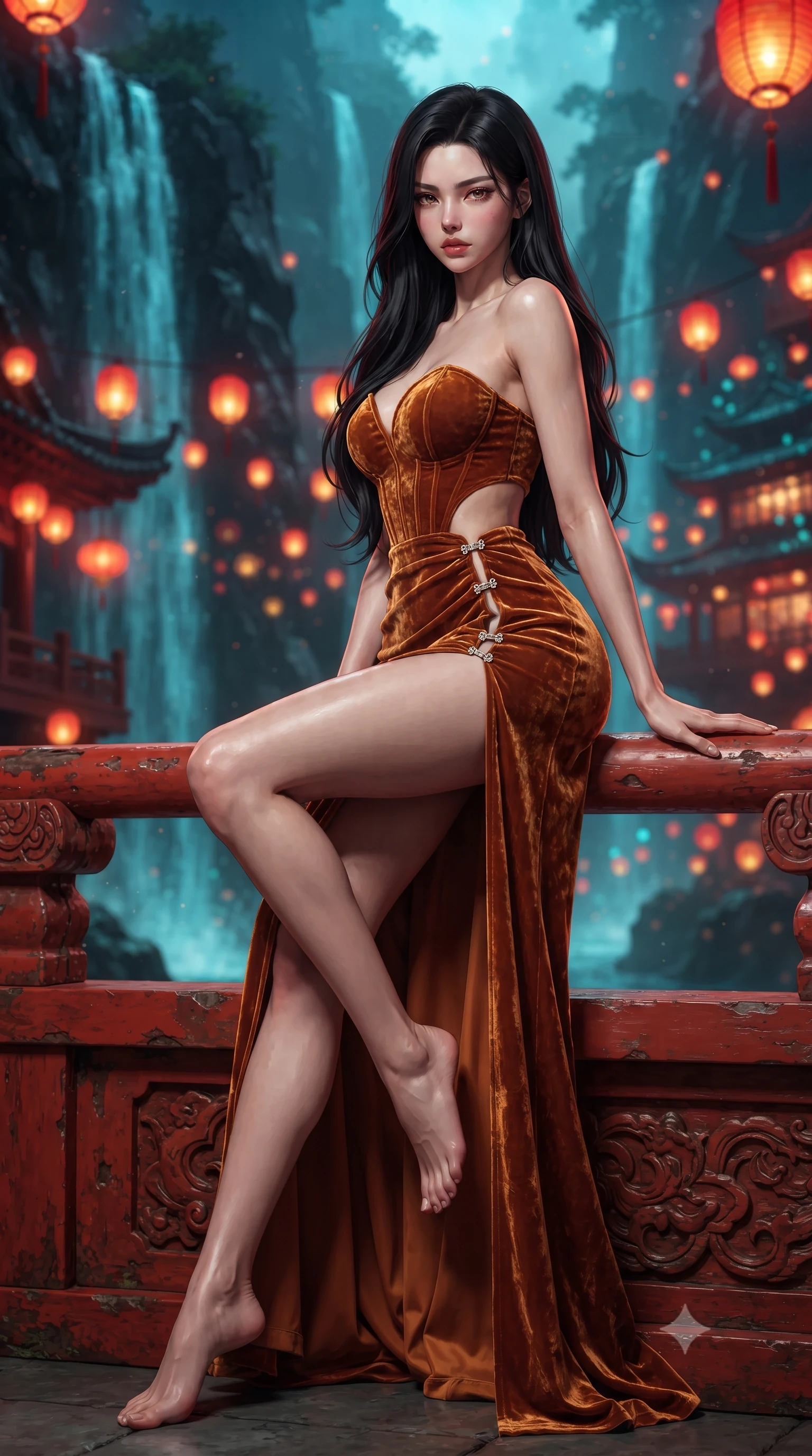 score_9, masterpiece, best quality, ultra-detailed, high-budget anime keyframe, editorial fashion photography, tasteful artistic composition, Korean woman. low angle full-body shot from head to toe showing her feet, filling the entire 9:16 vertical frame with her statuesque presence, stretching her vertical silhouette. sitting perched on the elevated edge with hips angled toward the camera and legs crossed, displaying her toned midriff and flawlessly sculpted slender limbs while leaning deep against the carved vermilion railing with hips cocked back, looking over her bare shoulder with bedroom-eyes as digital neon waterfalls cascade down carbon-fiber rock walls. The composition keeps background elements in soft focus with creamy bokeh. thousands of glowing crimson and amber paper lanterns and distant neon tea houses blurred into rich scarlet, gold, and turquoise bokeh. She has an exceptionally tall and slender model-like 8.5-heads proportion, an ultra-slim waist, a flat toned midriff, narrow delicate ribcage, and beautifully sculpted feminine hips creating a graceful, slim hourglass silhouette without any bulky heaviness, with impossibly long slender legs. sharp v-shaped jawline, high-bridge nose, intricate jewel-like eyes with depth, thick eyelashes, glossy parted lips with a natural sheen, intensely captivating and seductive bedroom-eyes expression, flawlessly proportioned anatomical accuracy, strict slender model proportions, natural body alignment, perfectly sculpted long slender limbs, ultra-slim waistline, clean dynamic posture without body distortion. wearing a deep sweetheart neckline crushed velvet corseted ballgown with an exposed midriff cutout in molten desert gold and burnt terracotta, crafted from heavyweight crushed silk velvet with liquid vintage luster, finished with an ultra-high side slit secured by miniature jeweled clasps, the form-contouring material adhering flawlessly to her sculpted flat midriff and slender torso, emphasizing her long leg lines and perfectly proportioned willowy build. bathed in rich crimson and amber lantern underlights contrasting with cool cyan mountain mist ambient fill. ultra-reflective glossy finish, specular highlights, rich textural contrasts, high-contrast stereoscopic depth, volumetric dynamic lighting, 2k, ultra detail, master piece, 9:16 ratio