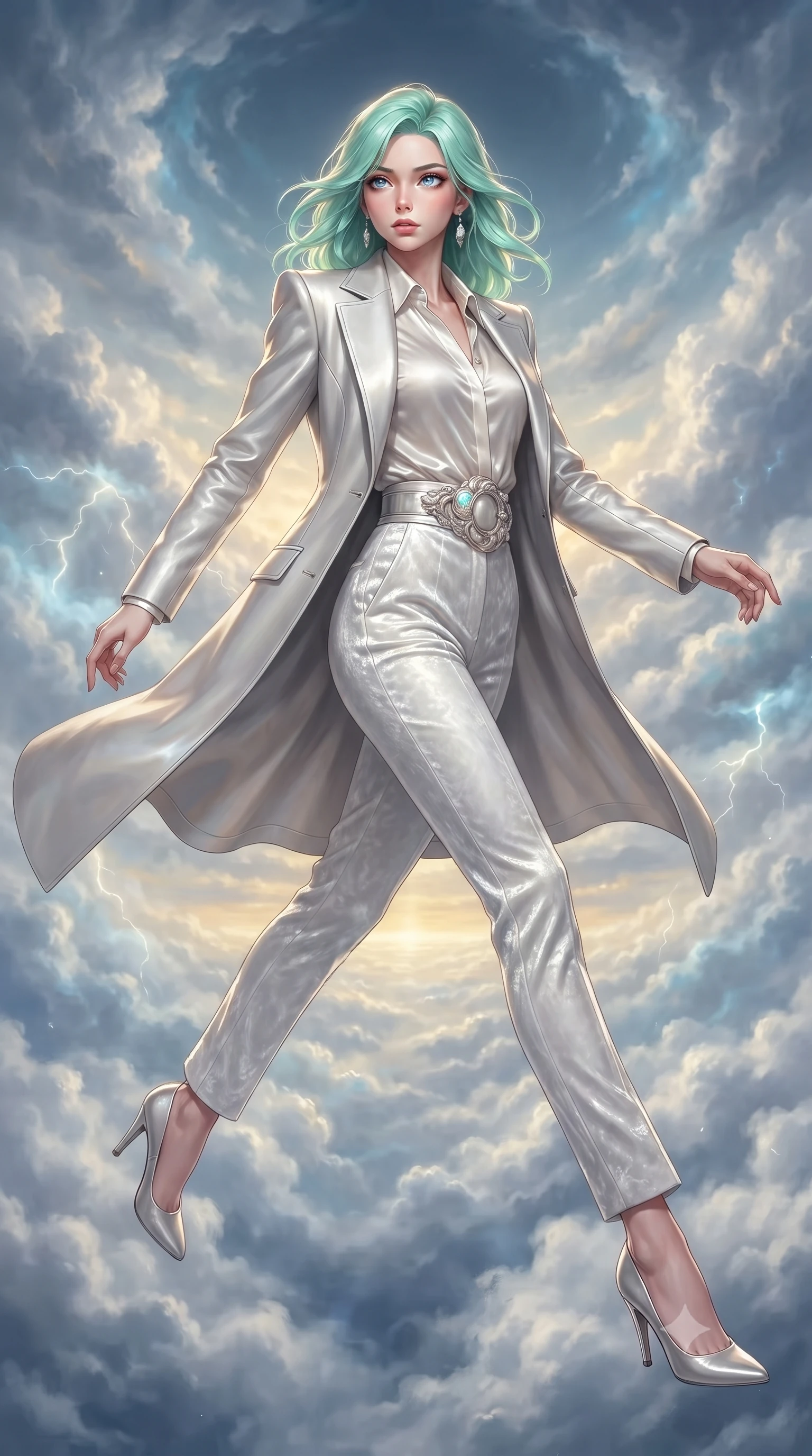 score_9, masterpiece, best quality, ultra-detailed, high-budget anime keyframe, editorial fashion photography, tasteful artistic composition, Japanese woman. low angle full-body shot from head to toe showing her feet, filling the entire 9:16 vertical frame with her statuesque presence, stretching her vertical silhouette. leaping dynamically through the luminous sky, her posture full of power and elegance, walking through a cloud sanctuary as soft thunderless lightning glows within cloud walls, endless atmospheric depth with layered clouds fading into golden distance. She has an absolutely perfect, statuesque 8.5-heads proportion, an exceptionally tall and slender model-like female figure with impossibly long slender legs and an ultra-slim waist. sharp v-shaped jawline, high-bridge nose, intricate jewel-like eyes with depth, thick eyelashes, glossy lips with a natural sheen. wearing structured platinum leather long coat over white silk blouse and tailored slacks in pearl white, made of crushed white silk velvet, accented with sculpted opal chrome rings at the waist, accentuating her gracefully sculpted slender torso. illuminated by soft internal cloud lightning and golden sunbursts. ultra-reflective glossy finish, specular highlights, metallic sheen, high-contrast stereoscopic depth, volumetric dynamic lighting, 2k, ultra detail, master piece, 9:16 ratio