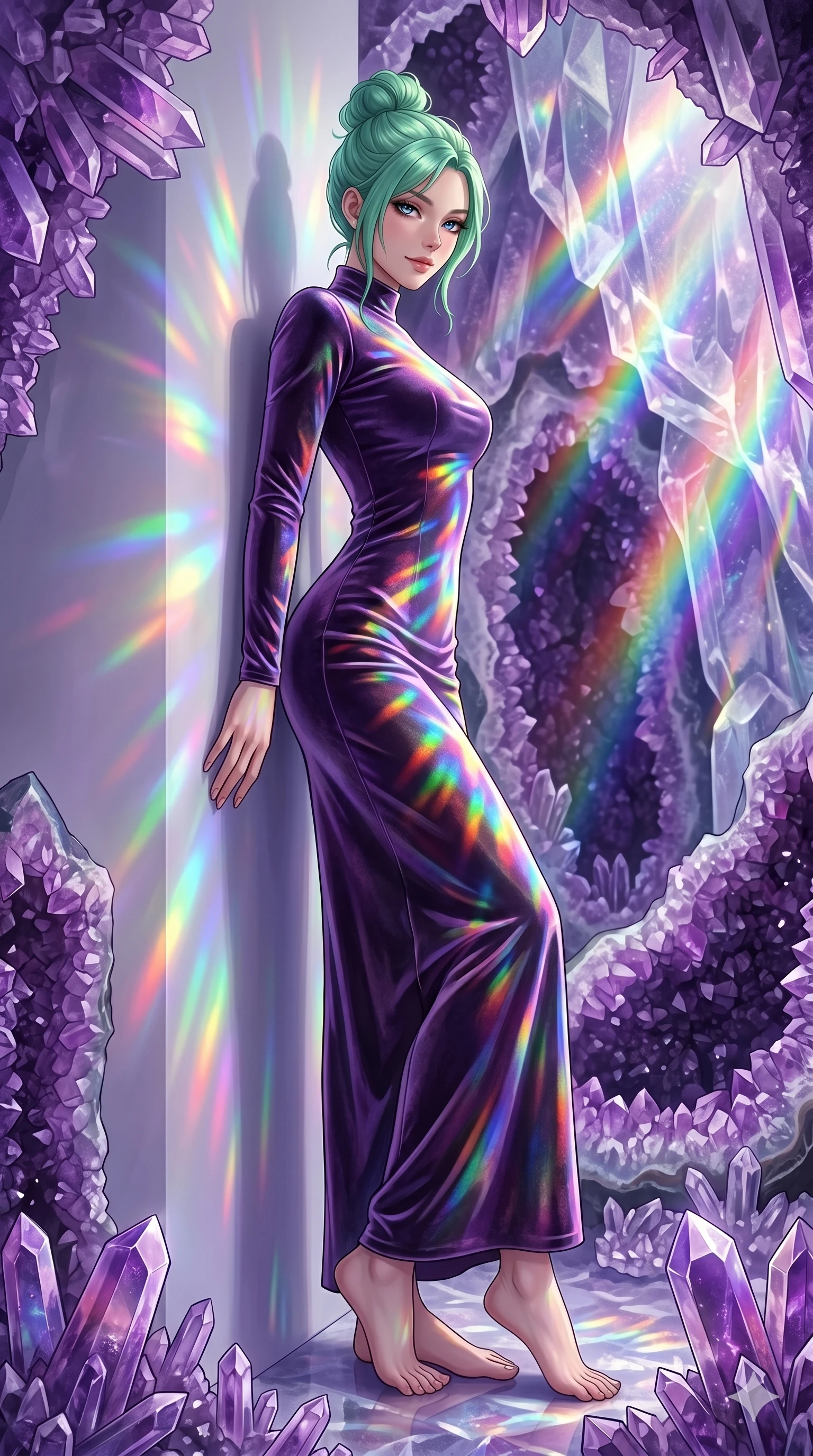score_9, masterpiece, best quality, ultra-detailed, high-budget anime keyframe, editorial fashion photography, tasteful artistic composition, Japanese woman. low angle full-body shot from head to toe showing her feet, filling the entire 9:16 vertical frame with her statuesque presence, stretching her vertical silhouette. leaning against a gallery wall, looking over her shoulder with a smoldering half-smile in a secret crystal cavern filled with towering purple geode formations (Code-P18-029). She has an absolutely perfect 8-heads proportion, an exceptionally tall and slender female figure with impossibly long slender legs and an ultra-slim waist. V-shaped jawline, high-bridge nose, intricate jewel-like eyes with depth, thick eyelashes, glossy lips with a natural sheen. wearing a long-sleeved high-neck velvet gown with neat tailored stitching. cascading rainbow prismatic light refracting through the ice, painting patterns on her body. 2k, ultra detail, master piece, 9:16 ratio