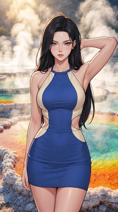 score_9, masterpiece, best quality, ultra-detailed, high-budget anime keyframe, gorgeous anime illustration, with clean line-art and distinct ink outlines, Korean woman. close-up cowboy shot from the waist and thighs up, the character dominates the c