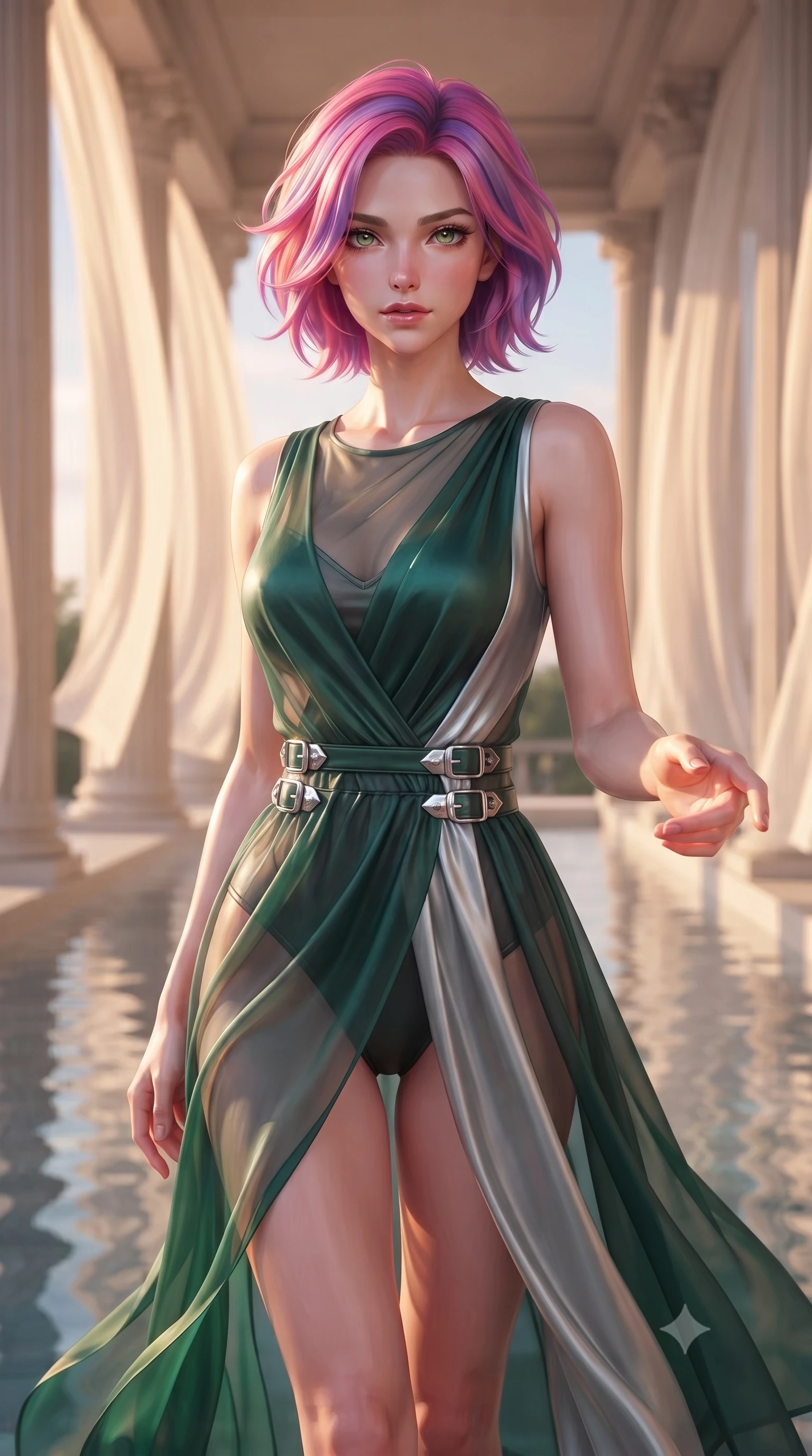 score_9, masterpiece, best quality, ultra-detailed, high-budget anime keyframe, editorial fashion photography, tasteful artistic composition, Caucasian woman. close-up cowboy shot from the waist and thighs up, the character dominates the composition, filling the frame with her large presence, background elements kept in soft focus. Reaching one hand gracefully toward the viewer with effortless superiority and allure walking through an open-air colonnade with billowing silk gossamer curtains, still pool waters reflecting her slender silhouette and the open sky. She has an exceptionally elegant, slender, and willowy female figure with an ultra-slim waist, a gracefully sculpted slender torso, and a refined silhouette. sharp v-shaped jawline, high-bridge nose, intricate jewel-like eyes with depth, thick eyelashes, glossy lips with a natural sheen. wearing a semi-opaque sheer overlay dress over a leather micro-bodysuit in deep emerald green and silver accent, crafted from lustrous satin jersey with fluid draping, detailed with polished silver buckles along the waistline, the sleek second-skin texture accentuating her magnetic presence. bathed in glorious golden hour sunbeams and warm rose-gold ambient light. highly saturated vibrant anime colors, detailed shading with soft gradients, rich glossy textures, high-contrast stereoscopic depth, volumetric dynamic lighting, master piece, 9:16 ratio