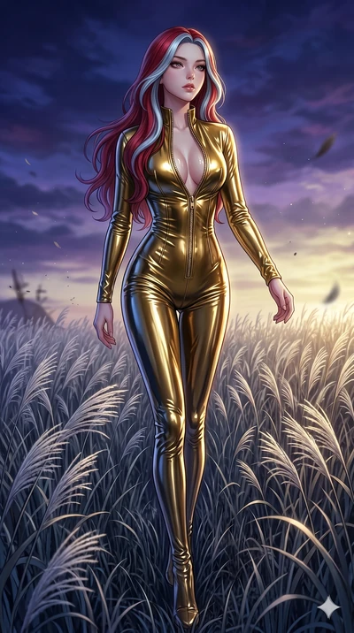 score_9, masterpiece, best quality, ultra-detailed, High-budget Anime Keyframe, East Asian woman. Dynamic full-body shot stretching the vertical silhouette to the limit. Scenario 158: Walking through a field of tall silver grass at twilight. Her pres