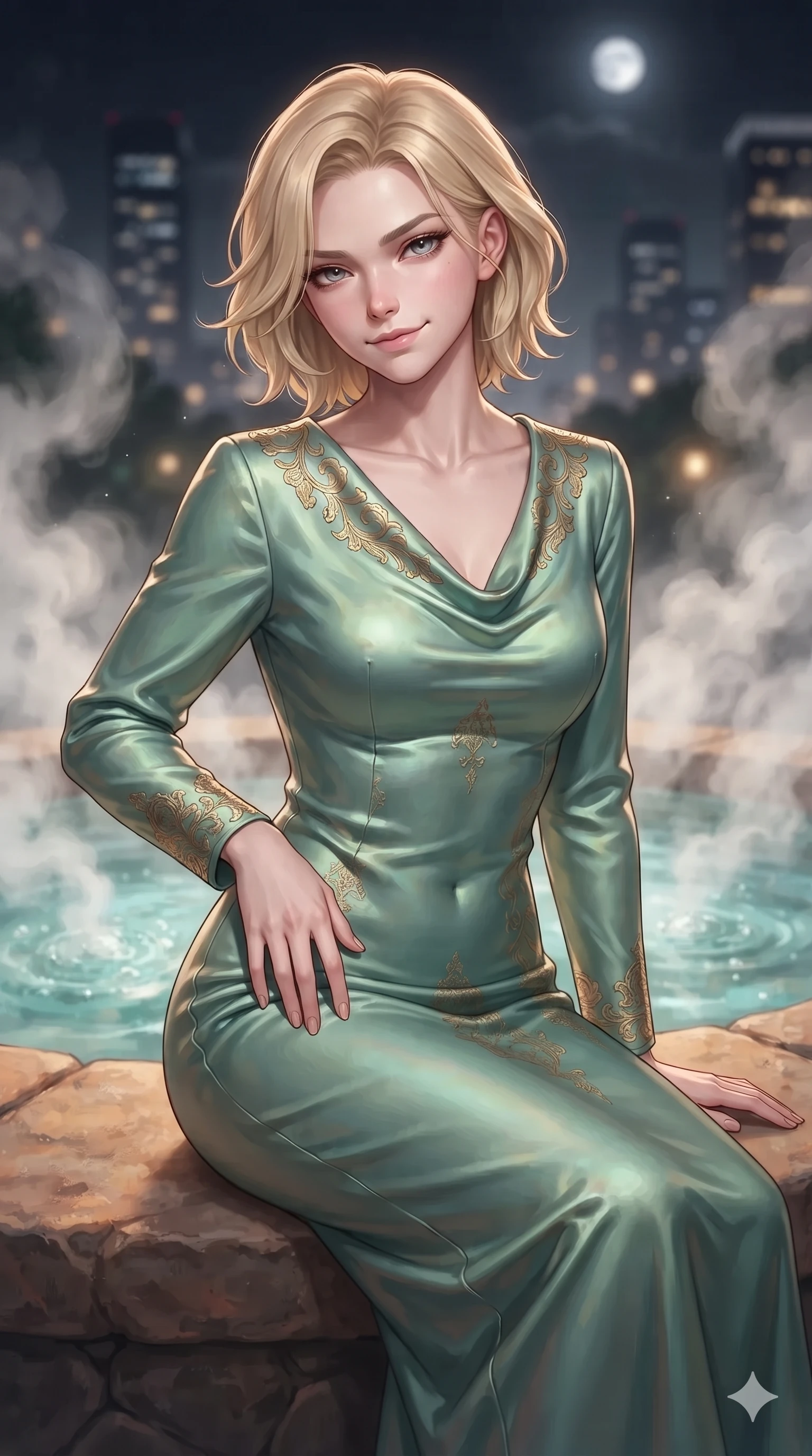 score_9, masterpiece, best quality, ultra-detailed, high-budget anime keyframe, editorial fashion photography, tasteful artistic composition, Caucasian woman. close-up cowboy shot from the waist and thighs up, the character dominates the composition, filling the frame with her large presence. tilting her head with a teasing half-smile, running one hand slowly down the side of her hip in a flirtatious S-curve as ambient light caresses her silhouette while sitting poised on the warm volcanic stone ledge with legs extended, flashing an enchanting smile with parted glossy lips. The background shows a soft-focus curling white thermal steam clouds, bubbling mineral springs, and dark city silhouettes blurred into pearl white, slate, and gold bokeh. She has an exceptionally elegant, slender, and willowy female figure with an ultra-slim waist, flat toned midriff, narrow ribcage, and sculpted feminine hips creating an alluring, slim hourglass silhouette without bulk. sharp v-shaped jawline, high-bridge nose, intricate jewel-like sparkling eyes with depth, thick eyelashes, glossy parted lips with a natural sheen, intensely captivating and seductive bedroom-eyes expression, exuding both youthful cute charm and sovereign luxury allure, flawlessly proportioned anatomical accuracy, strict slender model proportions, natural body alignment, perfectly sculpted long slender limbs, ultra-slim waistline, clean dynamic posture without body distortion. wearing a modest long-sleeve cowl-neck satin column gown draping gracefully to the floor with aristocratic poise in celadon jade and antique gold-leaf, crafted from luxurious metallic lamé that shifts radiance with every step, complemented by strappy stiletto sandals with metallic ankle wraps accentuating her slender calves, the impeccably tailored cut draping gracefully along her slender figure with aristocratic poise. bathed in the warm, moody ambient light of concealed rock-recessed spotlights combined with the soft silver glow of the moon. ultra-reflective glossy finish, specular highlights, rich textural contrasts, high-contrast stereoscopic depth, volumetric dynamic lighting, 2k, ultra detail, master piece, 9:16 ratio