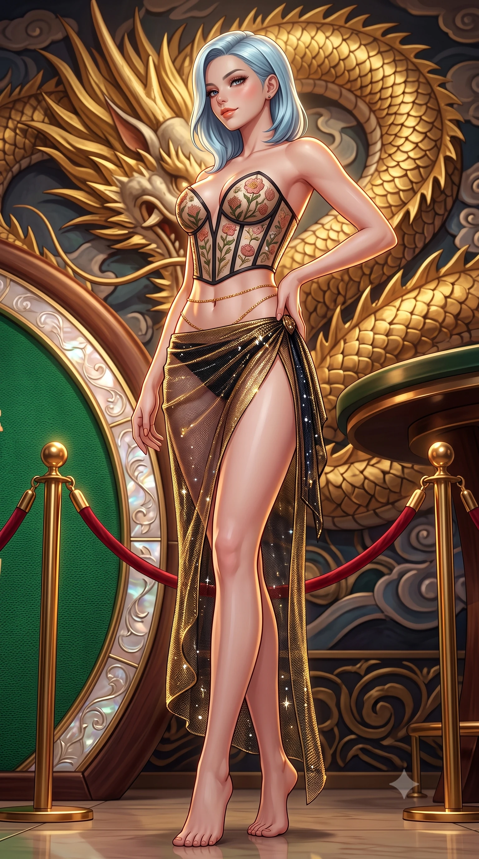 score_9, masterpiece, best quality, ultra-detailed, high-budget anime keyframe, semi-realistic 3D game render, editorial fashion photography, tasteful artistic composition, Korean woman. low angle full-body shot from head to toe showing her feet, filling the entire 9:16 vertical frame with her statuesque presence, stretching her vertical silhouette. walking along the terrace with poise, looking back over her bare shoulder with an irresistible smoldering bedroom-gaze while standing poised behind the velvet-roped VIP entrance, one hand resting on her sculpted hip with sovereign femme fatale elegance. The surrounding environment is rendered in vivid detail and crisp panoramic clarity: sharp gold-leaf scale carvings on the dragon mural, green felt table weave, and embossed mother-of-pearl plaque edges in deep focus. She has an absolutely perfect, statuesque 8.5-heads proportion, an exceptionally tall and slender model-like female figure with impossibly long slender legs, an ultra-slim waist, a flat toned midriff, narrow delicate ribcage, and beautifully sculpted feminine hips creating a graceful, slim hourglass silhouette without any bulky heaviness. sharp v-shaped jawline, high-bridge nose, sparkling eyes with hypnotic seductive depth, thick curled eyelashes, glossy parted lips with a natural dewy peach sheen, alluring bedroom-eyes with an enchanting coquettish smile, exuding magnetic siren charisma and sophisticated glamour, flawlessly proportioned anatomical accuracy, strict slender model proportions, natural body alignment, perfectly sculpted long slender limbs, ultra-slim waistline, clean dynamic posture without body distortion. wearing a plunging sweetheart-neckline boned corset top with pressed flower embroidery paired with a sheer organza wrap skirt in liquid gold chainmail and midnight obsidian black with diamond accents, woven from stretch metallic lurex jersey casting radiant starlight glints across her silhouette, accented with a dainty gold belly chain resting across her flat midriff and curving hips, the high-slit wrap tailoring accentuating her ultra-slim waistline and the enchanting curve of her feminine hips with alluring seductive charm. illuminated by polished table lacquer bounce and sharp warm-gold rim lights sculpting her jawline, flat midriff, and voluptuous hip curves. highly saturated vibrant anime colors, detailed shading with soft gradients, rich glossy textures, high-contrast stereoscopic depth, volumetric dynamic lighting, master piece, 9:16 ratio