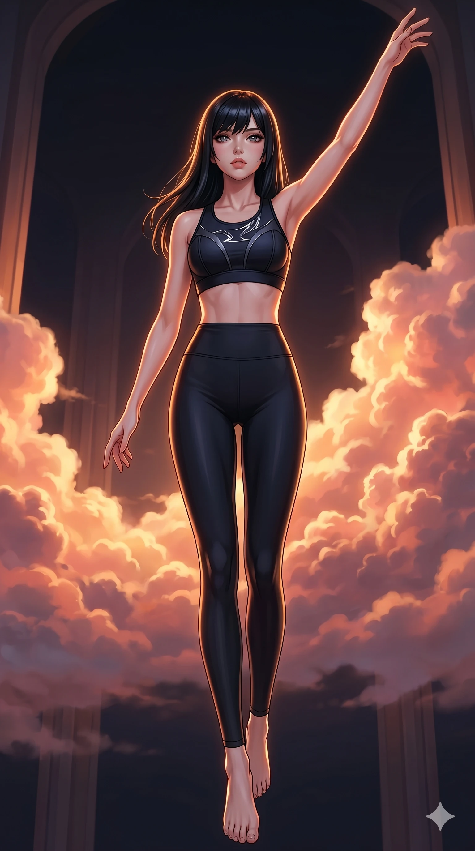 score_9, masterpiece, best quality, ultra-detailed, high-budget anime keyframe, editorial fashion photography, tasteful artistic composition, Caucasian woman, strictly human ears. low angle full-body shot from head to toe showing her feet, filling the entire 9:16 vertical frame with her statuesque presence, stretching her vertical silhouette. Gliding forward with one arm sweeping upward toward the sky inside a luminous cloud palace where cumulus formations glow with amber and rose from within. She has an absolutely perfect 8-heads proportion, an exceptionally tall and slender female figure with impossibly long slender legs and an ultra-slim waist. V-shaped jawline, high-bridge nose, intricate jewel-like eyes with depth, thick eyelashes, glossy lips with a natural sheen. wearing a sculptural high-fashion sports bra in deep black with bold architectural seaming and an abstract chrome graphic detail across the chest, worn with precision high-waist performance leggings that contour every line of her long legs. drenched in warm amber cinematic rim lighting that traces every contour of her silhouette against a dark background. 2k, ultra detail, master piece, 9:16 ratio