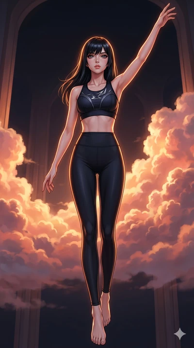 score_9, masterpiece, best quality, ultra-detailed, high-budget anime keyframe, editorial fashion photography, tasteful artistic composition, Caucasian woman, strictly human ears. low angle full-body shot from head to toe showing her feet, filling th