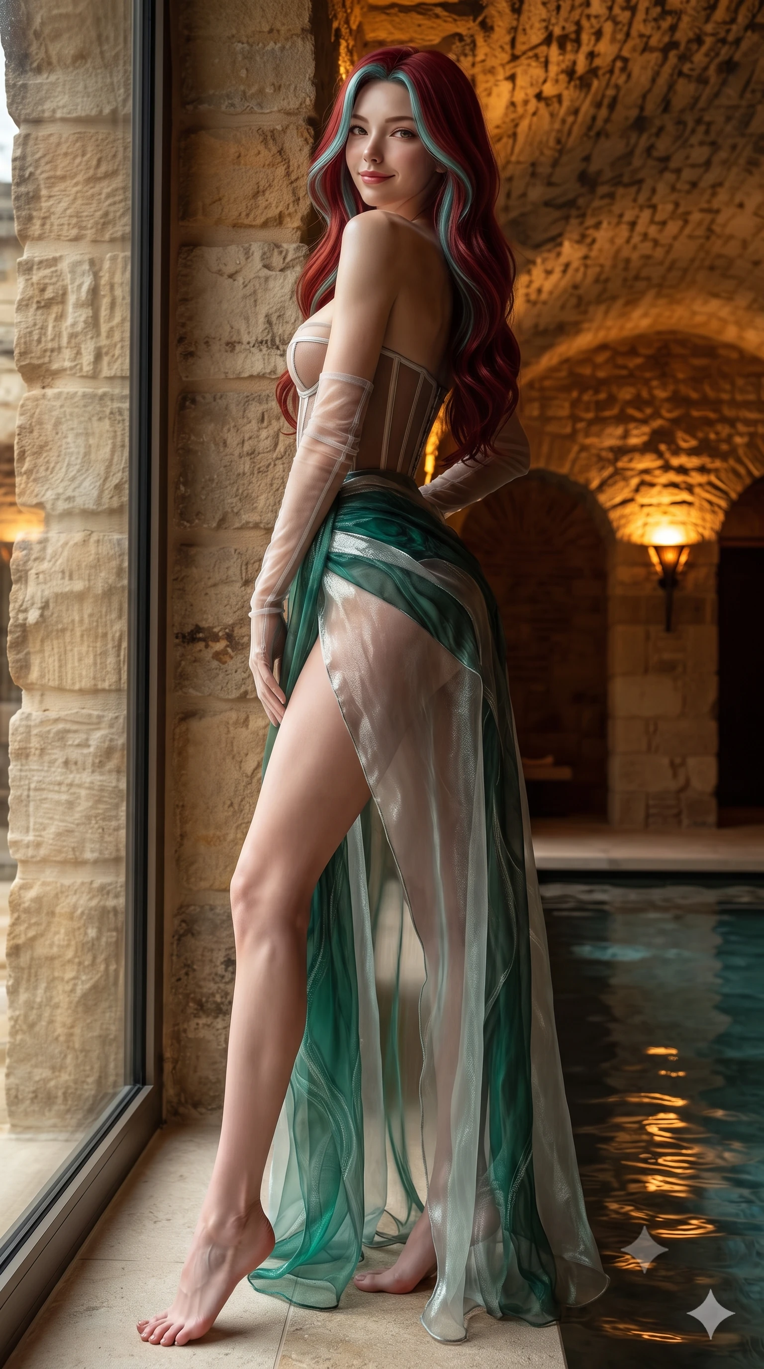 score_9, masterpiece, best quality, ultra-detailed, high-budget anime keyframe, editorial fashion photography, tasteful artistic composition, Caucasian woman. low angle full-body shot from head to toe showing her feet, filling the entire 9:16 vertical frame with her statuesque presence, stretching her vertical silhouette. posing in a classic haute-couture S-curve stance beside the floor-to-ceiling window, looking over a bare shoulder with magnetic presence while twisting her slender torso in an alluring S-curve beside the reflective water pool, amber vault sconces illuminating her flat midriff and hourglass curves. The surrounding environment is rendered in vivid detail and crisp panoramic clarity: sharp rough-hewn sandstone vault ribs, perfectly still water surface reflections, and historic masonry joints in deep focus. She has an exceptionally tall and slender model-like 8.5-heads proportion, an ultra-slim waist, a flat toned midriff, narrow delicate ribcage, and beautifully sculpted feminine hips creating a graceful, slim hourglass silhouette without any bulky heaviness, with impossibly long slender legs. sharp v-shaped jawline, high-bridge nose, intricate jewel-like sparkling eyes with depth, thick eyelashes, glossy parted lips with a natural peach sheen, bright cheerful beaming smile with an enchanting and coquettish sensual glint, exuding both youthful cute charm and seductive allure, flawlessly proportioned anatomical accuracy, strict slender model proportions, natural body alignment, perfectly sculpted long slender limbs, ultra-slim waistline, clean dynamic posture without body distortion. wearing a provocative translucent mesh corset bodice with boned satin channels paired with a sheer chiffon wrap maxi skirt in Art Nouveau malachite green and antique starlight silver, crafted from translucent silk organza with an ethereal crystalline sheen, complemented by sheer opera-length evening gloves tracing her slender arms, the glove-like clinging cut tightly following the natural contour of her hips and long slender legs with youthful 8.5-heads elegance. illuminated by still pool specular bounce and sharp honey-gold rim lights defining her dewy collarbones, ultra-slim waist, and curvy hips. ultra-reflective glossy finish, specular highlights, rich textural contrasts, high-contrast stereoscopic depth, volumetric dynamic lighting, 2k, ultra detail, master piece, 9:16 ratio