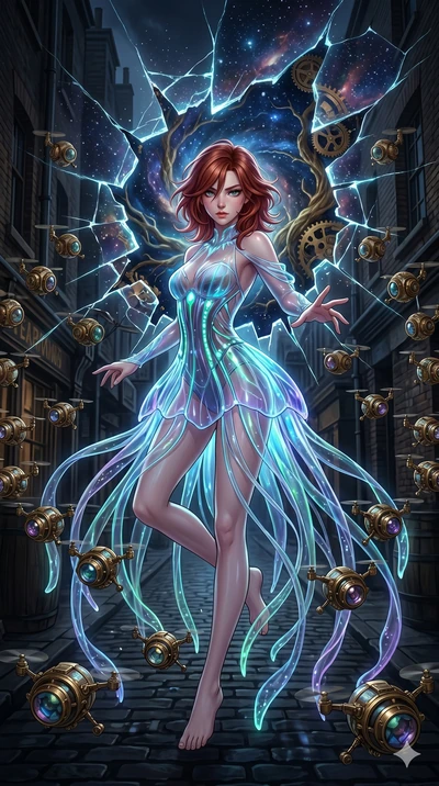 score_9, masterpiece, best quality, ultra-detailed, Set A: High-budget Anime Keyframe, Japanese woman. Upper body close-up from the thighs up, character filling the screen for maximum presence. Theme: Primal Nature. shattering the fabric of reality i