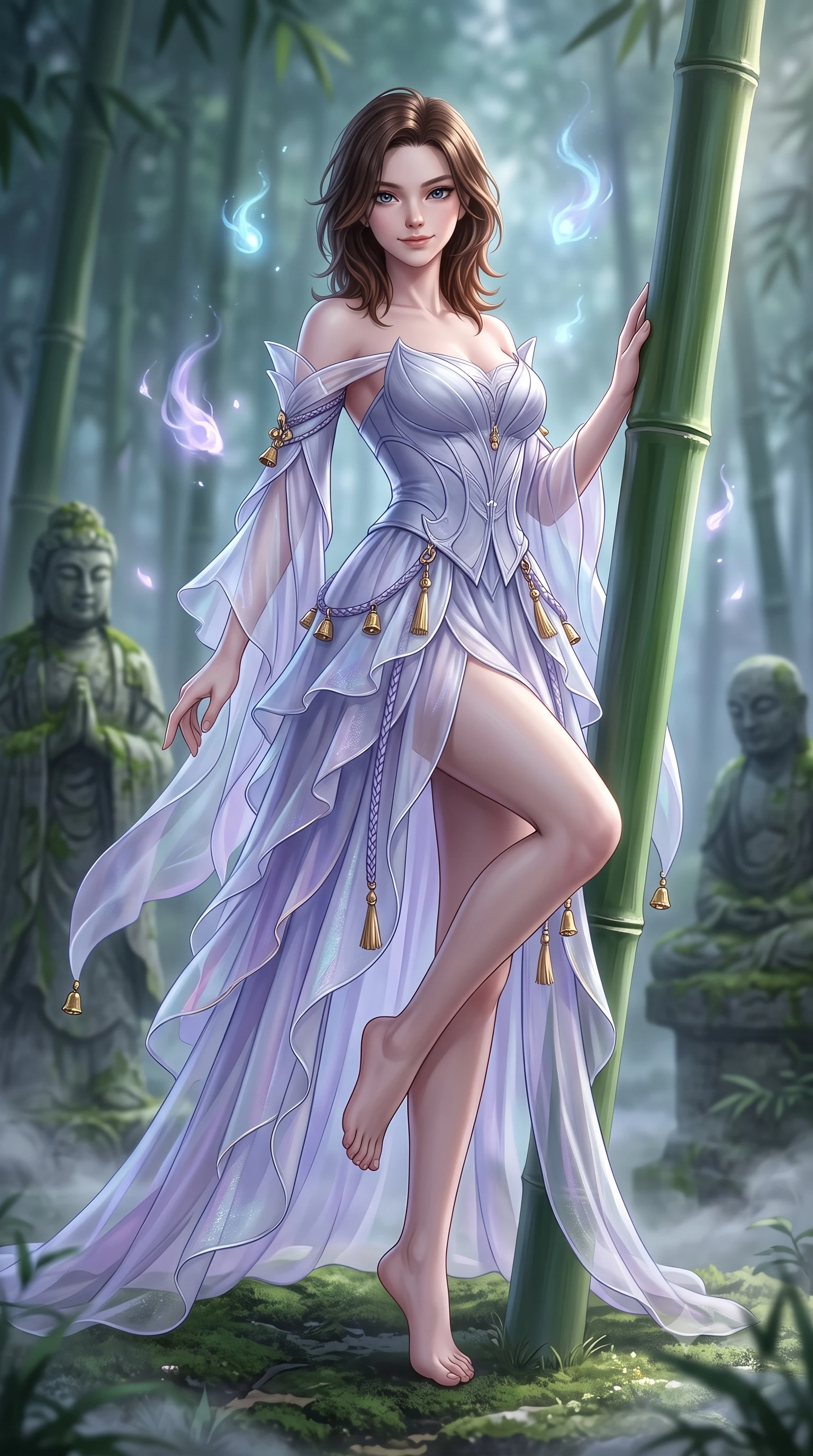score_9, masterpiece, best quality, ultra-detailed, high-budget anime keyframe, semi-realistic 3D game render, editorial fashion photography, tasteful artistic composition, Korean woman. low angle full-body shot from head to toe showing her feet, filling the entire 9:16 vertical frame with her statuesque presence, stretching her vertical silhouette. landing lightly on the balls of her feet in a balanced kinetic stance, eyes locked onto the camera with fearless allure while resting against a smooth bamboo trunk with a playful, enigmatic smile as spirit wisps illuminate her lovely face. The composition keeps background elements in soft focus with creamy bokeh. drifting forest ground mist and ancient stone statues softened in dreamy shallow depth of field. She has an absolutely perfect, statuesque 8.5-heads proportion, an exceptionally tall and slender model-like female figure with impossibly long slender legs, a toned flat midriff, and an ultra-slim waist. sharp v-shaped jawline, high-bridge nose, intricate jewel-like eyes with depth, thick eyelashes, glossy lips with a natural sheen, captivating and magnetic expression, flawlessly proportioned anatomical accuracy, strict slender model proportions, natural body alignment, perfectly sculpted long slender limbs, ultra-slim waistline, clean dynamic posture without body distortion. wearing a celestial lotus-inspired layered chiffon gown with an exposed clavicle bodice in moonlit silver and lavender mist, crafted from weightless prism organza that refracts light with every motion, accessorized with delicate gold bell tassels and braided silk cords, the sleek tailored cut tightly hugging her graceful clavicle, narrow waist, and feminine curves with statuesque precision. surrounded by an enchanting, mysterious, and captivating oriental spirit sorceress aura. highly saturated vibrant anime colors, detailed shading with soft gradients, rich glossy textures, high-contrast stereoscopic depth, volumetric dynamic lighting, master piece, 9:16 ratio