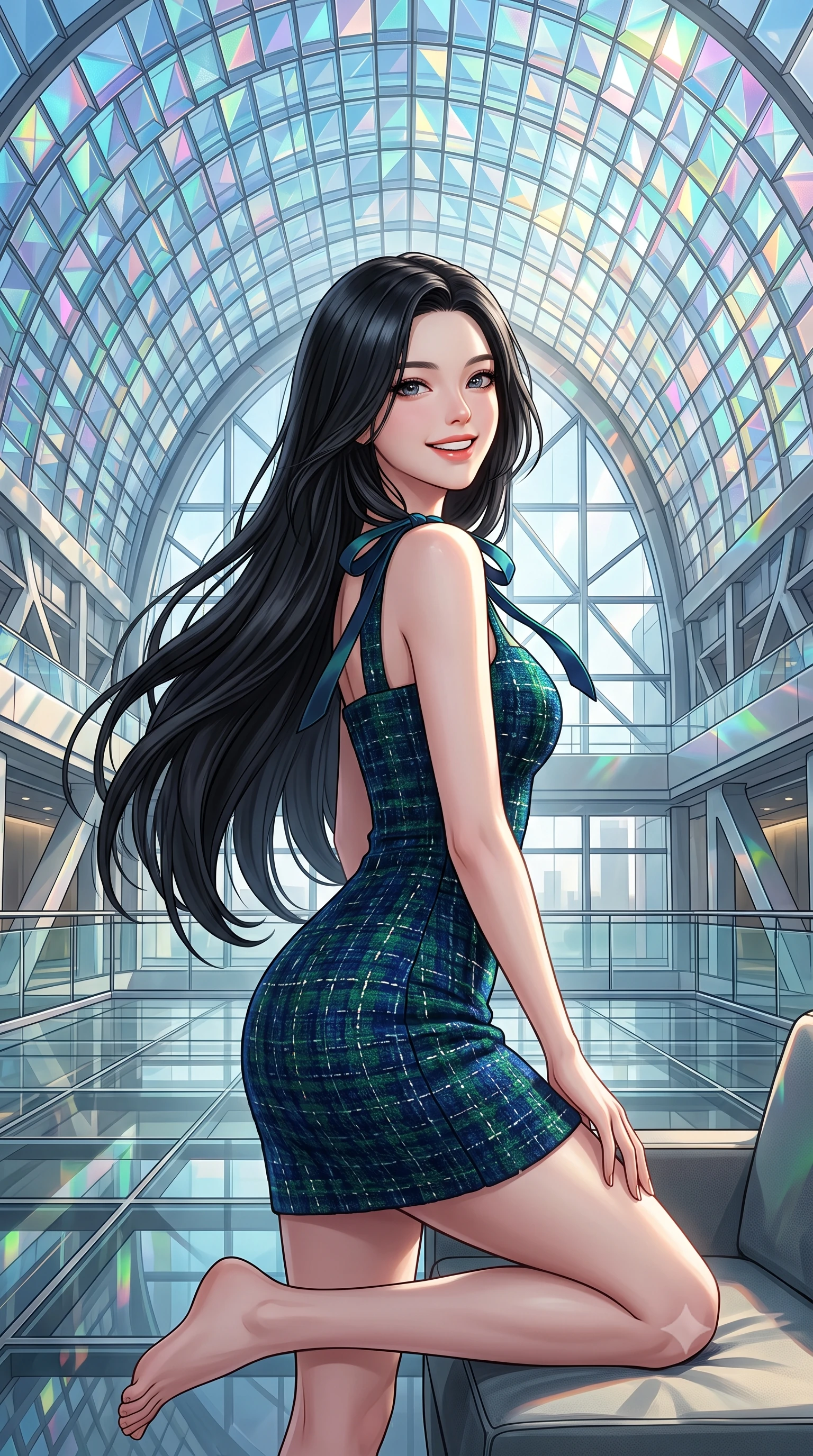 score_9, masterpiece, best quality, ultra-detailed, high-budget anime keyframe, editorial fashion photography, tasteful artistic composition, Korean woman. close-up cowboy shot from the waist and thighs up, the character dominates the composition, filling the frame with her large presence. perched sideways on the lounge seat, one knee drawn up to showcase her slender leg line while her arched back accentuates her feminine hip curve while standing poised inside the monumental glass atrium beneath thousands of geometric dichroic glass quasi-bricks, arching her spine with futuristic supermodel poise. The surrounding environment is rendered in vivid detail and crisp panoramic clarity: detailed outfit tailoring, silhouette contours, and world-renowned Henning Larsen architecture in razor-sharp precision. She has an exceptionally elegant, slender, and willowy female figure with an ultra-slim waist, flat toned midriff, narrow ribcage, and sculpted feminine hips creating an alluring, slim hourglass silhouette without bulk. sharp v-shaped jawline, high-bridge nose, intricate jewel-like sparkling eyes with depth, thick eyelashes, glossy parted lips with a natural peach sheen, bright cheerful beaming smile with an enchanting and coquettish sensual glint, exuding both youthful cute charm and seductive allure, flawlessly proportioned anatomical accuracy, strict slender model proportions, natural body alignment, perfectly sculpted long slender limbs, ultra-slim waistline, clean dynamic posture without body distortion. wearing a glove-like stretch modal tank dress adhering tightly to her flat midriff and feminine hips in Lake Tegernsee emerald glass and royal Bavarian navy, woven from structured British tweed with subtle metallic flecks, finished with satin ribbon ties at the shoulders fluttering in the gentle breeze, the second-skin tailored fabric adhering flawlessly to her sculpted flat midriff and slender torso, emphasizing her long leg lines and perfectly proportioned willowy build. illuminated by glass floor reflection bounce and sharp prism-rainbow rim lights defining her razor-sharp jawline, narrow waist, and curvy hips. ultra-reflective glossy finish, specular highlights, rich textural contrasts, high-contrast stereoscopic depth, volumetric dynamic lighting, 2k, ultra detail, master piece, 9:16 ratio