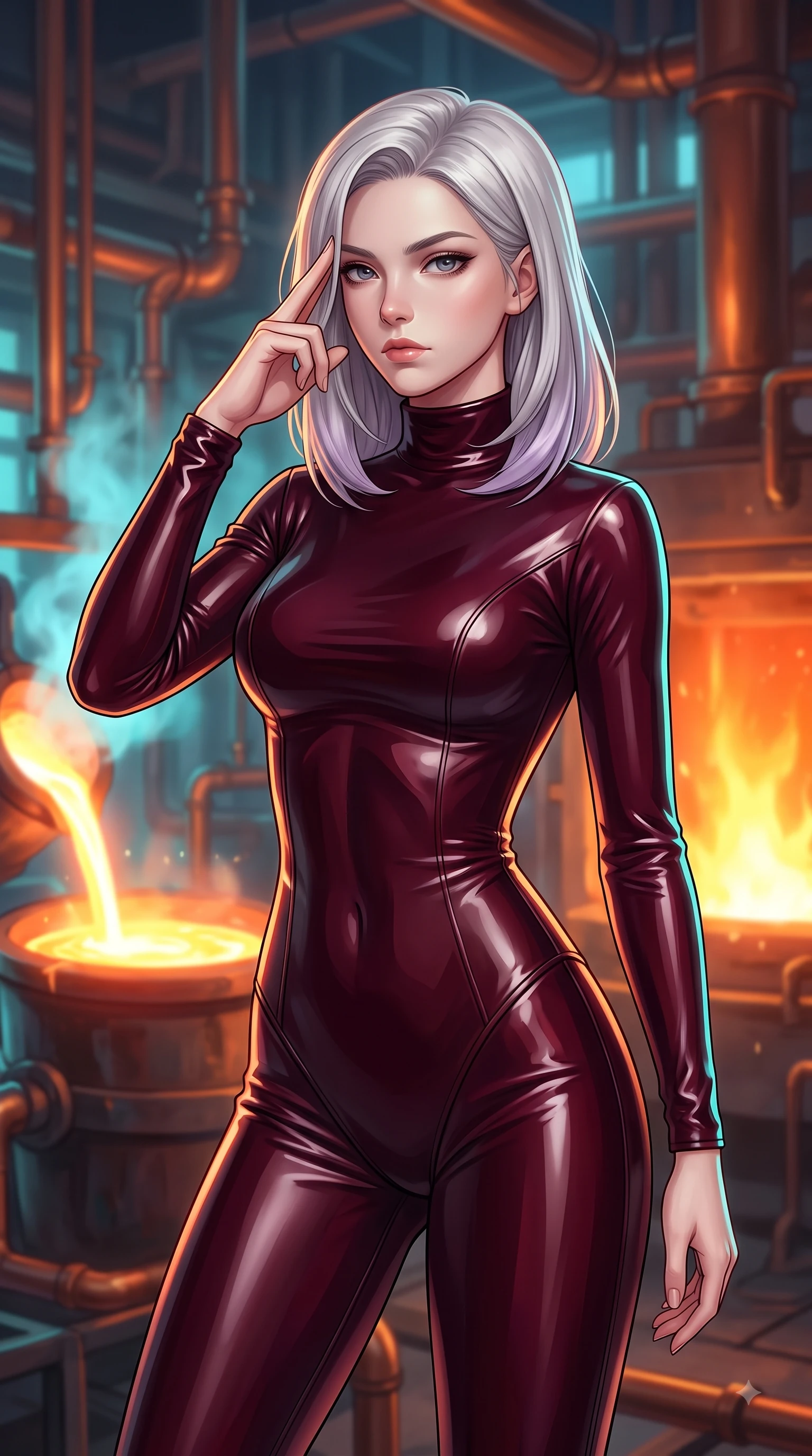 score_9, masterpiece, best quality, ultra-detailed, high-budget anime keyframe, editorial fashion photography, tasteful artistic composition, Caucasian woman woman. close-up cowboy shot from the waist and thighs up, the character dominates the composition, filling the frame with her large presence, background elements kept in soft focus. She has an exceptionally elegant, slender, and willowy female figure with an ultra-slim waist, a gracefully sculpted slender torso, and a refined silhouette. pressing two fingers to her temple in a composed gesture, gazing past the camera with sharp focus, flawlessly proportioned anatomical accuracy, natural body alignment, perfectly sculpted elegant limbs, clean dynamic posture without body distortion. set against a soft-focus background of a copper pipe industrial foundry with liquid aurora crucibles. wearing a form-fitting dark burgundy vinyl bodycon outfit with a high collar line. bathed in intense orange furnace light clashing with cool cyan steam highlights. highly saturated vibrant anime colors, detailed shading with soft gradients, rich glossy textures, high-contrast stereoscopic depth, volumetric dynamic lighting, master piece, 9:16 ratio