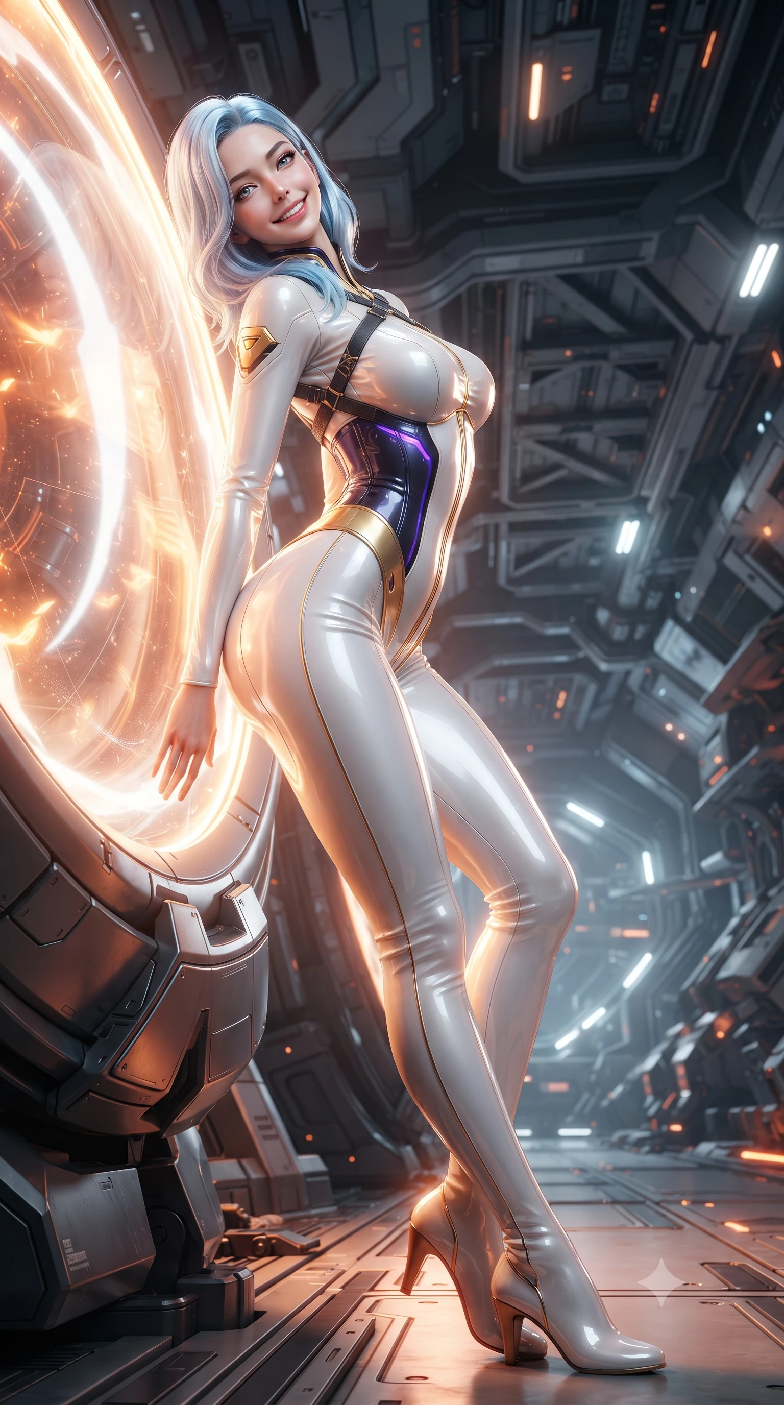 score_9, masterpiece, best quality, ultra-detailed, high-budget anime keyframe, editorial fashion photography, tasteful artistic composition, Korean woman. low angle full-body shot from head to toe showing her feet, filling the entire 9:16 vertical frame with her statuesque presence, stretching her vertical silhouette. leaning deep against the glowing energy conduit with hips cocked back in an unapologetically alluring high-fashion stance, flashing a warm beaming smile while twisting her slender torso in an alluring S-curve on the catwalk, solar plasma radiation casting dynamic chiaroscuro shadows across her narrow waist and curvy hips. The surrounding environment is rendered in vivid detail and crisp panoramic clarity: detailed carbon suit weave, plasma specular reflections on armor plates, and starship engineering architecture in razor-sharp precision. She has an absolutely perfect, statuesque 8.5-heads proportion, an exceptionally tall and slender model-like female figure with impossibly long slender legs, an ultra-slim waist, a flat toned midriff, narrow delicate ribcage, and beautifully sculpted feminine hips creating a graceful, slim hourglass silhouette without any bulky heaviness. sharp v-shaped jawline, high-bridge nose, intricate jewel-like sparkling eyes with depth, thick eyelashes, glossy parted lips with a natural sheen, bright confident smile with an enchanting and coquettish sensual glint, exuding both youthful magnetic charm and sovereign high-tech allure, flawlessly proportioned anatomical accuracy, strict slender model proportions, natural body alignment, perfectly sculpted long slender limbs, ultra-slim waistline, clean dynamic posture without body distortion. wearing a form-fitting white-and-gold zero-gravity EVA jumpsuit with an ultra-slim corseted waist and exposed clavicle line in neon electric violet and deep space obsidian, tailored from ultra-reflective glossy liquid vinyl with mirror-like specular highlights, finished with criss-cross Kevlar tactical straps tracing her graceful shoulder blades, the form-fitting tactical tailoring adhering flawlessly to her sculpted flat midriff and slender torso, emphasizing her long leg lines and perfectly proportioned willowy build. bathed in shifting orange and white plasma flares casting high-contrast chiaroscuro shadows. ultra-reflective glossy finish, specular highlights, rich textural contrasts, high-contrast stereoscopic depth, volumetric dynamic lighting, 2k, ultra detail, master piece, 9:16 ratio
