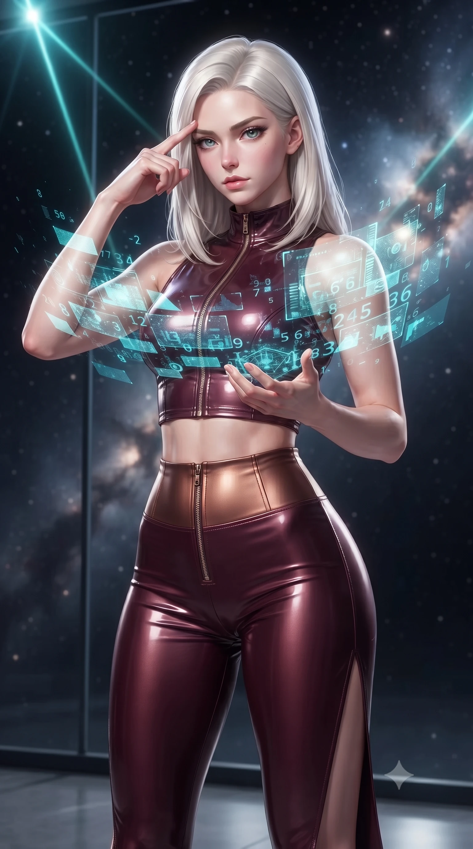 score_9, masterpiece, best quality, ultra-detailed, high-budget anime keyframe, editorial fashion photography, tasteful artistic composition, Caucasian woman. close-up cowboy shot from the waist and thighs up, the character dominates the composition, filling the frame with her large presence, background elements kept in soft focus. Pressing two fingers to her temple in a composed thoughtful gesture with an air of magnetic charisma manipulating floating translucent cyan hologram data shards in a void, starlight and cosmic nebula clouds glowing through the floor-to-ceiling glass. She has an exceptionally elegant, slender, and willowy female figure with an ultra-slim waist, a gracefully sculpted slender torso, and a refined silhouette. sharp v-shaped jawline, high-bridge nose, intricate jewel-like eyes with depth, thick eyelashes, glossy lips with a natural sheen. wearing a glossy vinyl crop top and high-waist tailored leggings with sleek zippers in deep burgundy and bronze, crafted from smooth liquid silk, finished with a sleek side slit ascending to mid-thigh, the tailored fabric tightly following every curve of her athletic build. lit by bright volumetric laser beams and soft specular highlights. ultra-reflective glossy finish, specular highlights, metallic sheen, high-contrast stereoscopic depth, volumetric dynamic lighting, 2k, ultra detail, master piece, 9:16 ratio