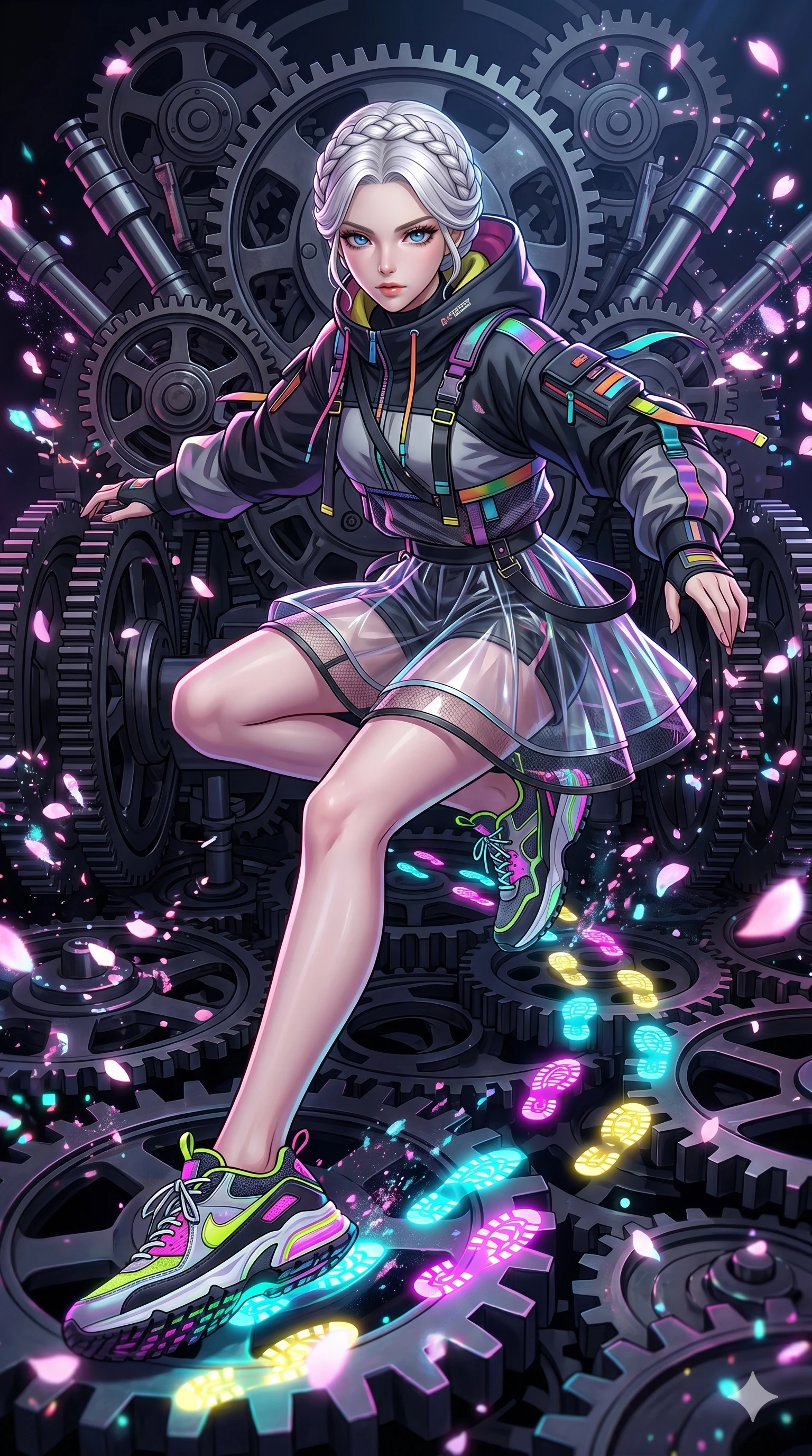 score_9, masterpiece, best quality, ultra-detailed, Set A: High-budget Anime Keyframe, Korean woman. Upper body close-up from the thighs up, character filling the screen for maximum presence. Sliding through a throne of gears, as she leaves a trail of 98 glowing footprints and surrounded by digital sakura petals. She has an absolutely perfect 8-heads proportion, an exceptionally tall and slender female figure with impossibly long slender legs and an ultra-slim waist. Sharp v-shaped jawline, high-bridge nose, intricate jewel-like eyes with depth, thick eyelashes, glossy lips with a natural sheen. Wearing Streetwear tech-hoodie with a transparent PVC skirt and neon sneakers. Cinematic lighting, vibrant colors, dramatic shadows, 2k, ultra detail, master piece, 9:16 ratio
