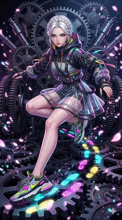 score_9, masterpiece, best quality, ultra-detailed, Set A: High-budget Anime Keyframe, Korean woman. Upper body close-up from the thighs up, character filling the screen for maximum presence. Sliding through a throne of gears, as she leaves a trail o
