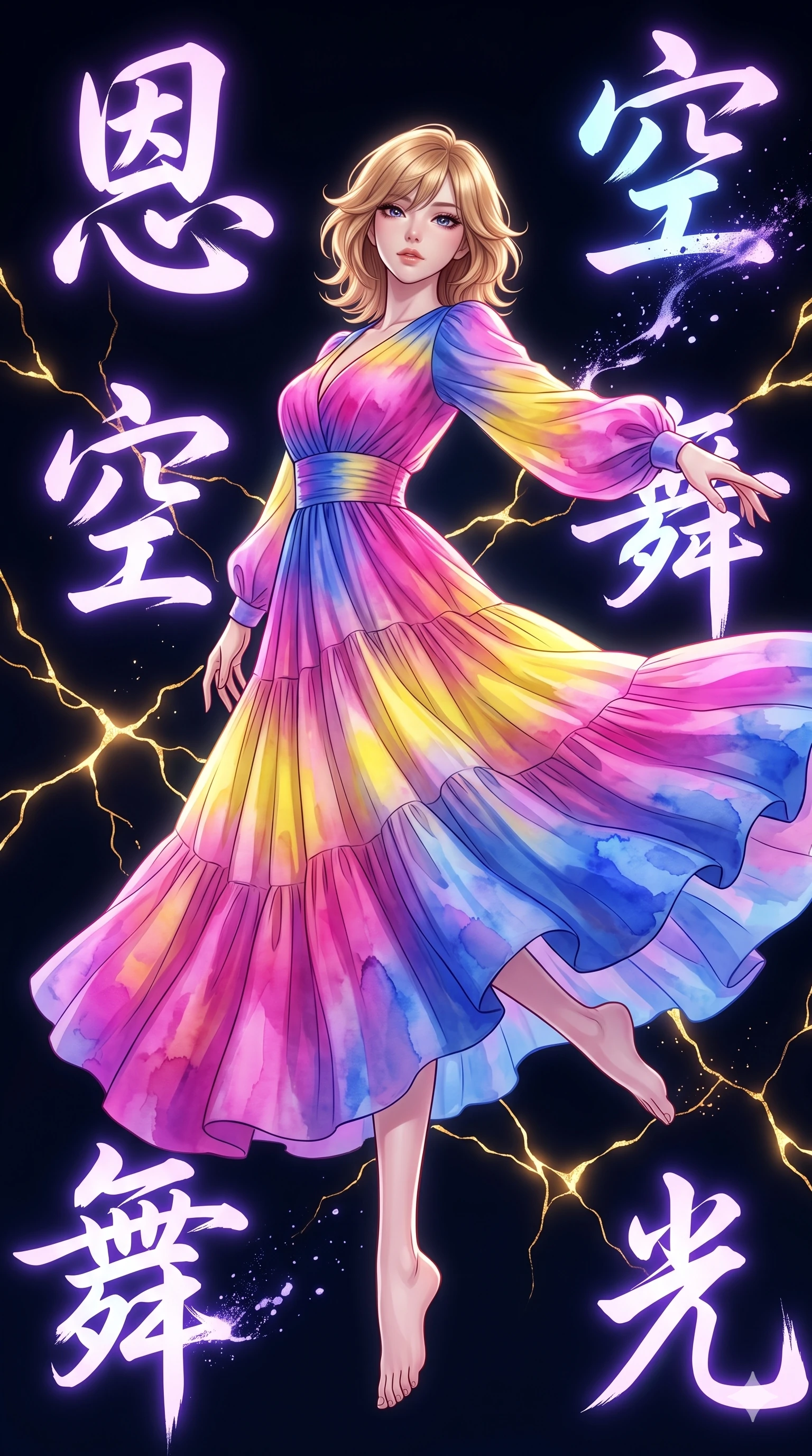 score_9, masterpiece, best quality, ultra-detailed, high-budget anime keyframe, editorial fashion photography, tasteful artistic composition, Korean woman. low angle full-body shot from head to toe showing her feet, filling the entire 9:16 vertical frame with her statuesque presence, stretching her vertical silhouette. dancing with weightless grace through a vast dark space where massive neon-lit brushstrokes of East Asian calligraphy characters float and pulse with energy each stroke trailing luminous ink particles that dissolve into the void. She has a statuesque 8.5-heads proportion, an exceptionally tall, slender and willowy model-like build with impossibly long legs and a highly sculpted ultra-slim waist. sharp v-shaped jawline, high-bridge nose, intricate jewel-like eyes with depth, thick eyelashes, glossy lips with a natural sheen. wearing a flowing tiered maxi dress in a vibrant watercolor gradient of magenta, sunshine yellow, and cobalt blue, featuring long blouson sleeves. glowing kintsugi gold light radiating from cracks in the environment creating a majestic inner glow. 2k, ultra detail, master piece, 9:16 ratio