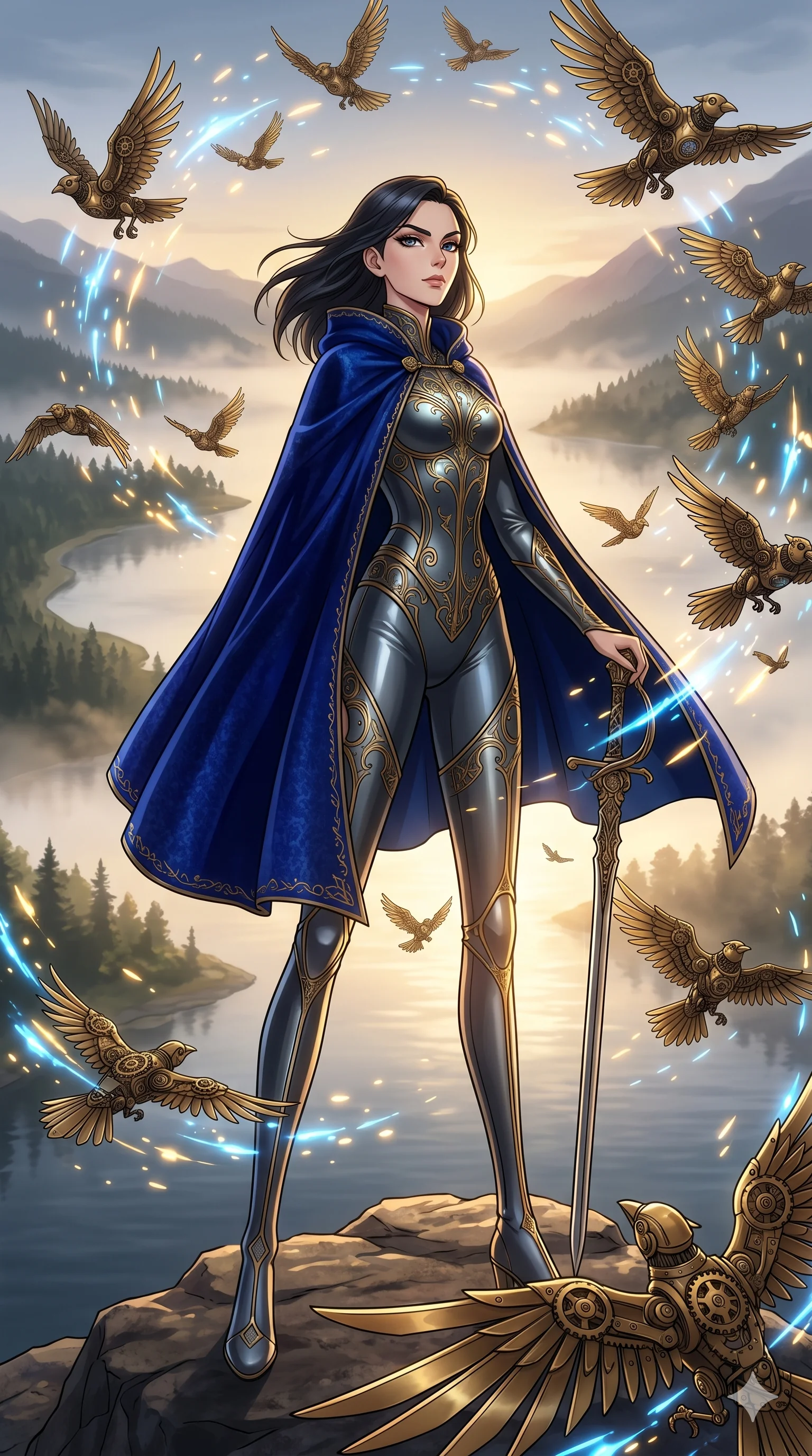 score_9, masterpiece, best quality, ultra-detailed, Set A: High-budget Anime Keyframe, Caucasian (strictly human ears) woman. Low angle cowboy shot filling the entire 9:16 frame with her statuesque presence. Standing victoriously through a misty lakeside at dawn, surrounded by a whirlwind of 262 mechanical birds and surrounded by glowing energy sparks. She has an absolutely perfect 8-heads proportion, an exceptionally tall and slender female figure with impossibly long slender legs and an ultra-slim waist. Sharp v-shaped jawline, high-bridge nose, intricate jewel-like eyes with depth, thick eyelashes, glossy lips with a natural sheen. Wearing Royal velvet cape over a high-cut metallic bodysuit with intricate gold engravings. Cinematic lighting, vibrant colors, dramatic shadows, 2k, ultra detail, master piece, 9:16 ratio
