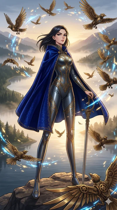 score_9, masterpiece, best quality, ultra-detailed, Set A: High-budget Anime Keyframe, Caucasian (strictly human ears) woman. Low angle cowboy shot filling the entire 9:16 frame with her statuesque presence. Standing victoriously through a misty lake