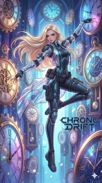 score_9, masterpiece, best quality, ultra-detailed, high-budget anime movie keyframe, cinematic anime lighting, intricate line art, Japanese woman. Mid-air action shot capturing a graceful twist and vertical silhouette. gliding through a hall of cloc
